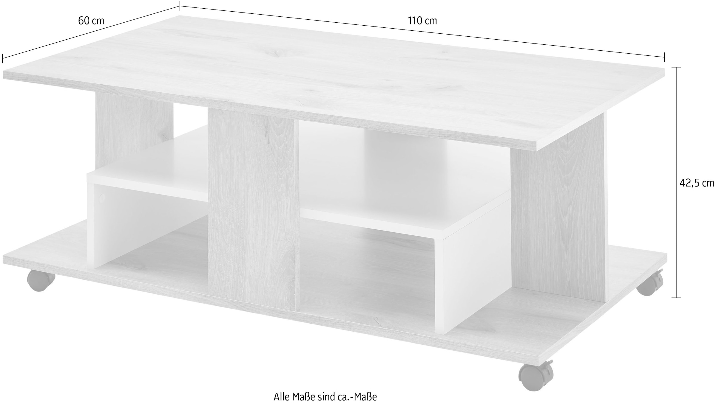 Stolkom Couchtisch »Marti rollbar mit Ablageböden, Rima Oak weiss, BxHxT 110x42,5x60 cm«, Rollbar, mehrere Ablageböden in Rima Oak weiss