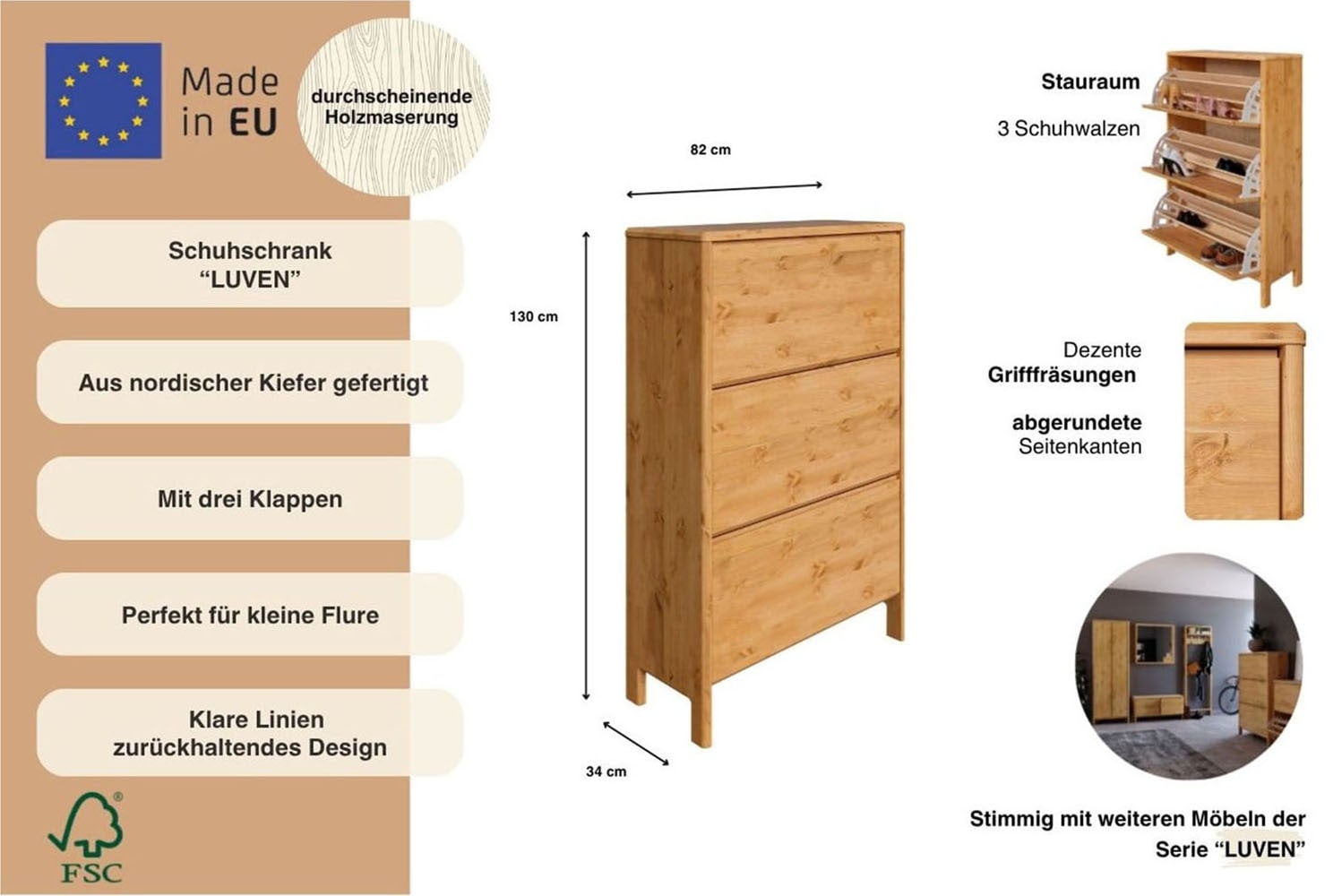 Home affaire Schuhschrank »Luven« FSC® zertifiziertes Massivholz, mit 3 Klappen
