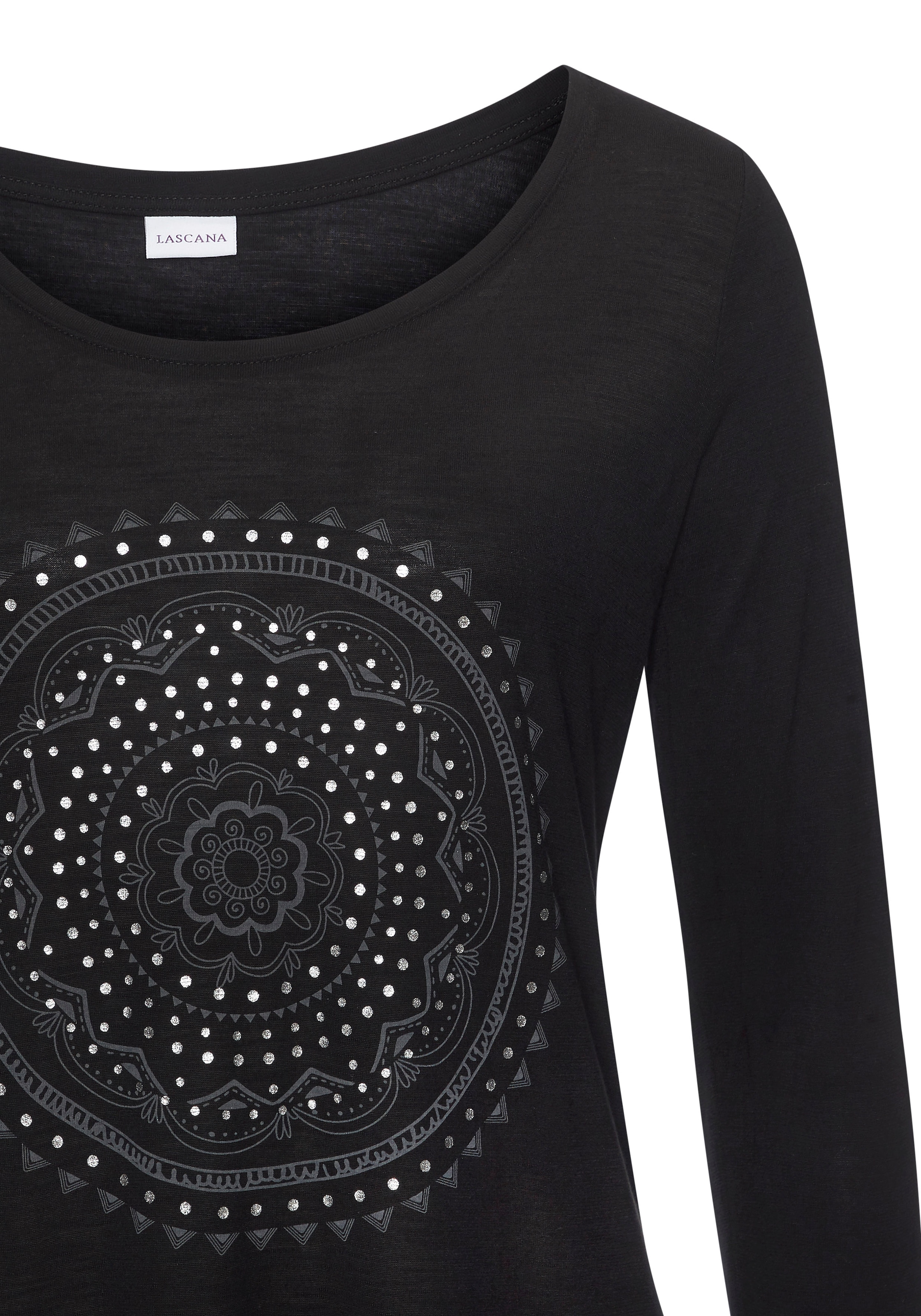 LASCANA Shirt à col rond mit glänzendem Print