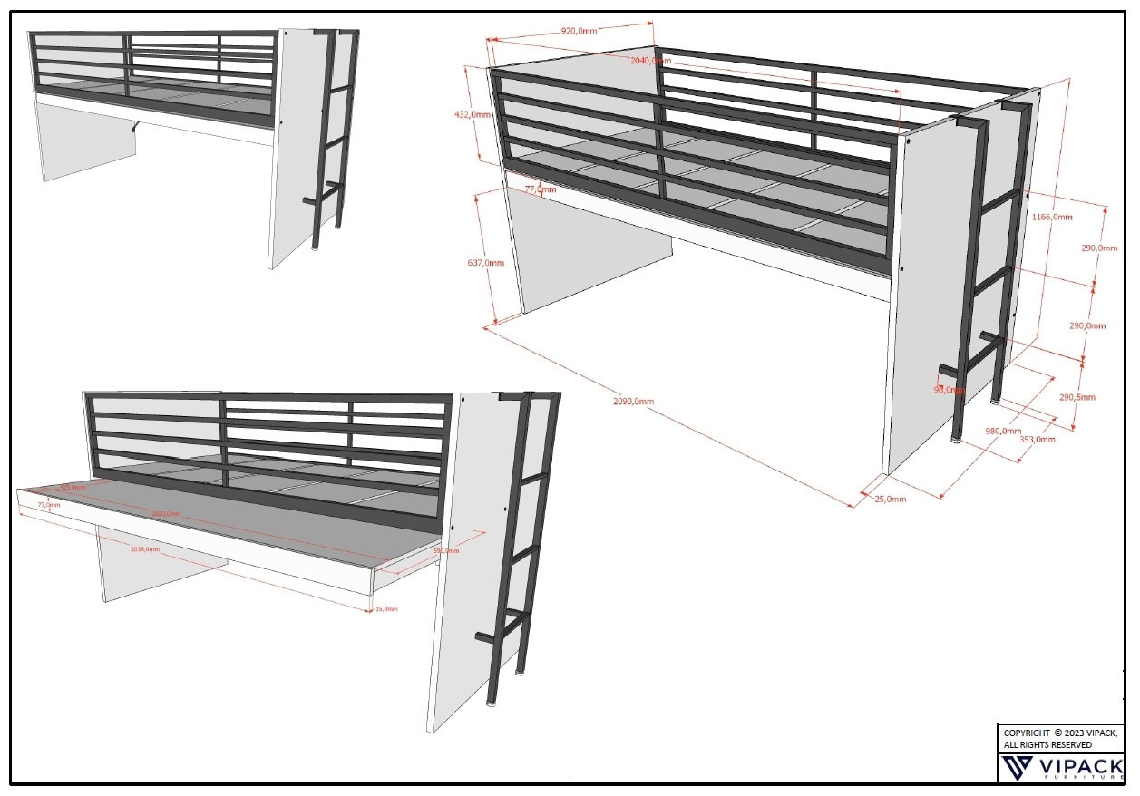 Vipack »Sam, schlafen und arbeiten in einem, wahlweise Eiche- oder Weiss-Dekor« Liegefläche 90x200 cm, darunter eine grosse ausziehbare Schreibplatte,  mit Absturzschutz, Leiter u. Stauraum, pflegeleichte Dekor Oberfläche