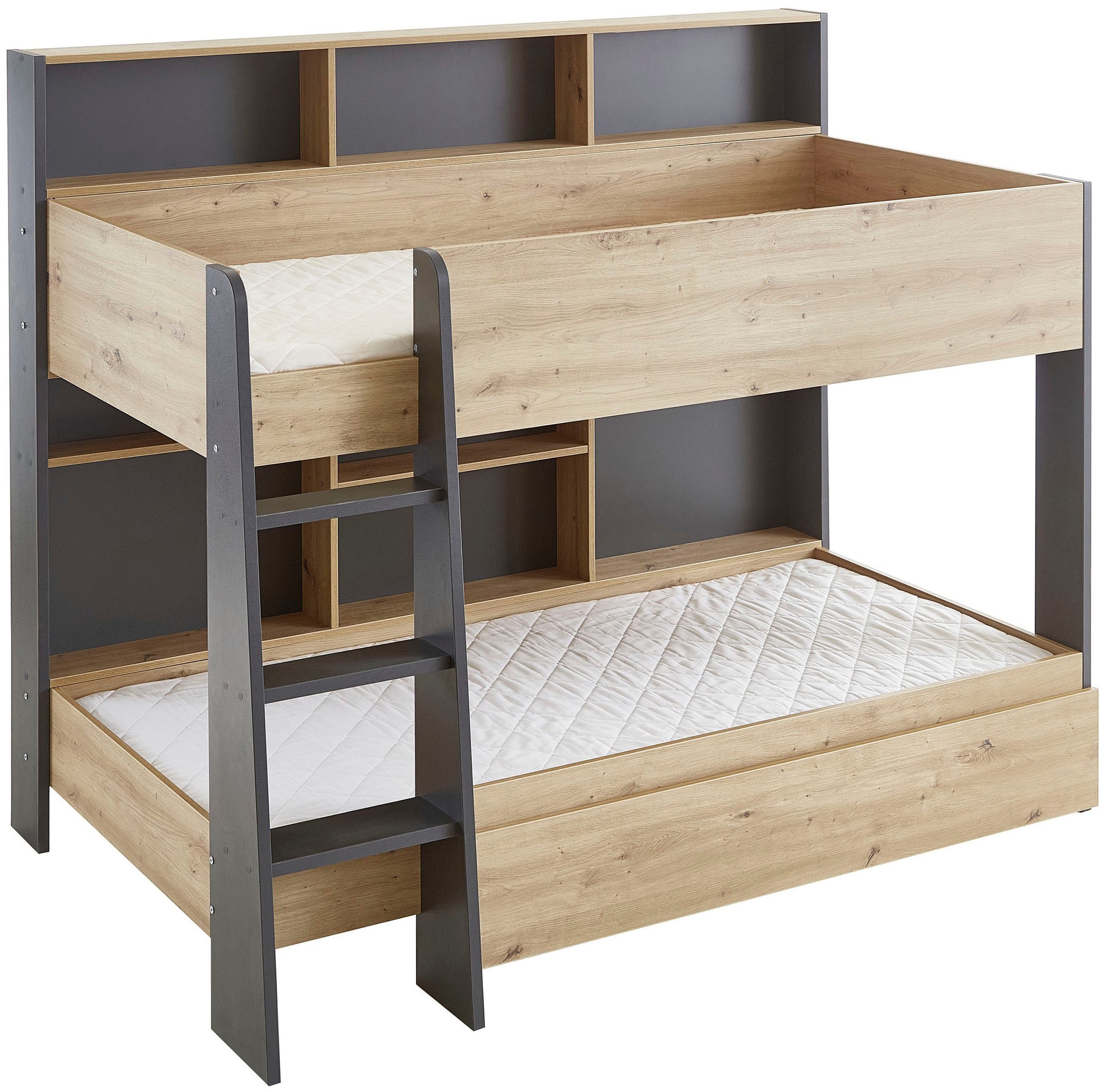 Relita Etagenbett »Sely, viel Funktion auf kleinem Raum, 2 Liegeflächen, modernes Design« viele Regalfächer an der Bettrückseite, inkl. Schublade auf Rollen,  viel Stauraum, pflegeleichte Melamin Oberfläche, 3 Farben zur Wahl