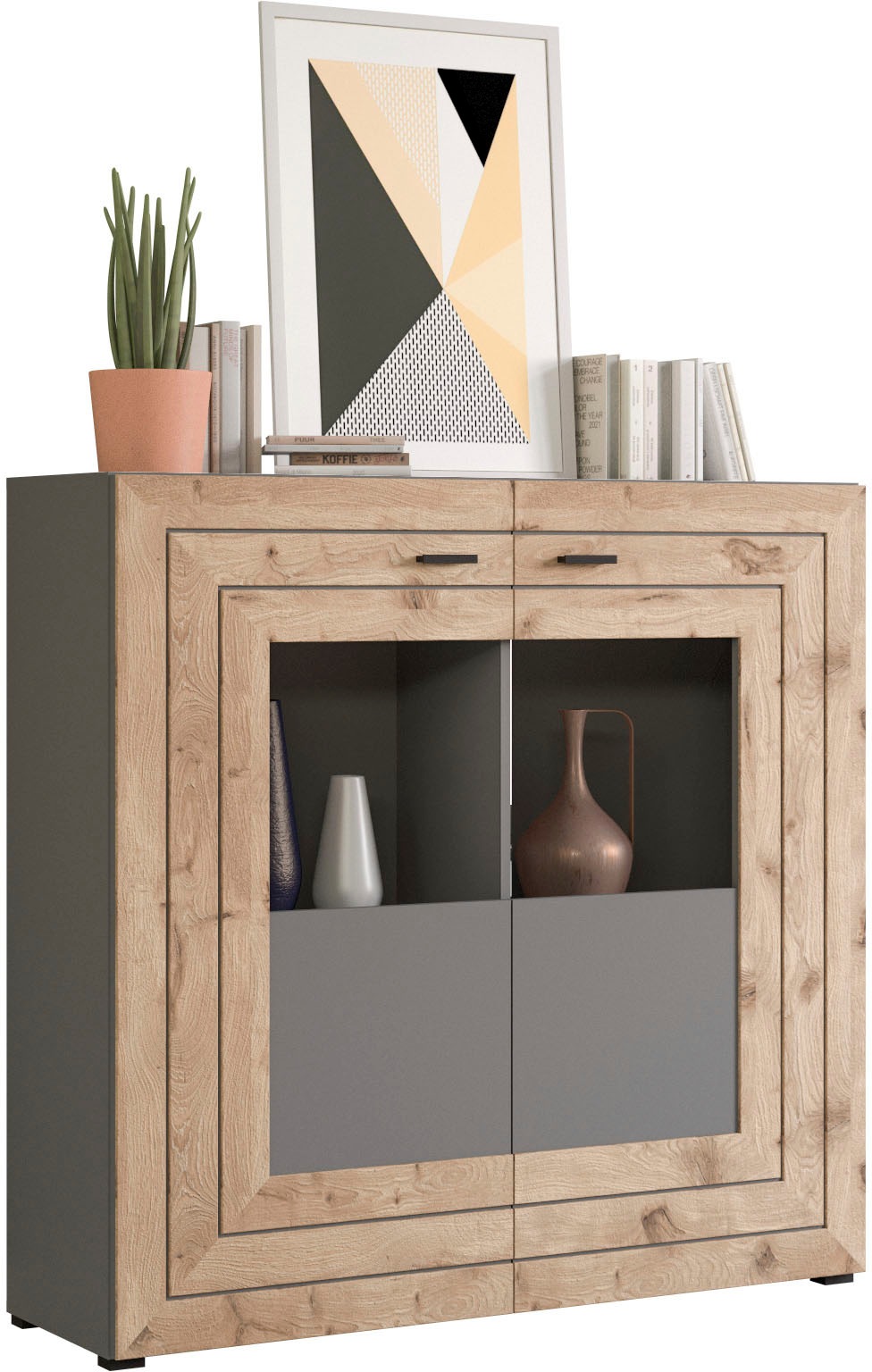 Image of Home affaire Highboard "Aalborg, Höhe 117cm, 2 Glastüren, 6 Fächer, 2-farbig, Metallgriffe" Anrichte, Schrank, Kommode, Midischrank, Wohnmöbel, Wohnzimmer