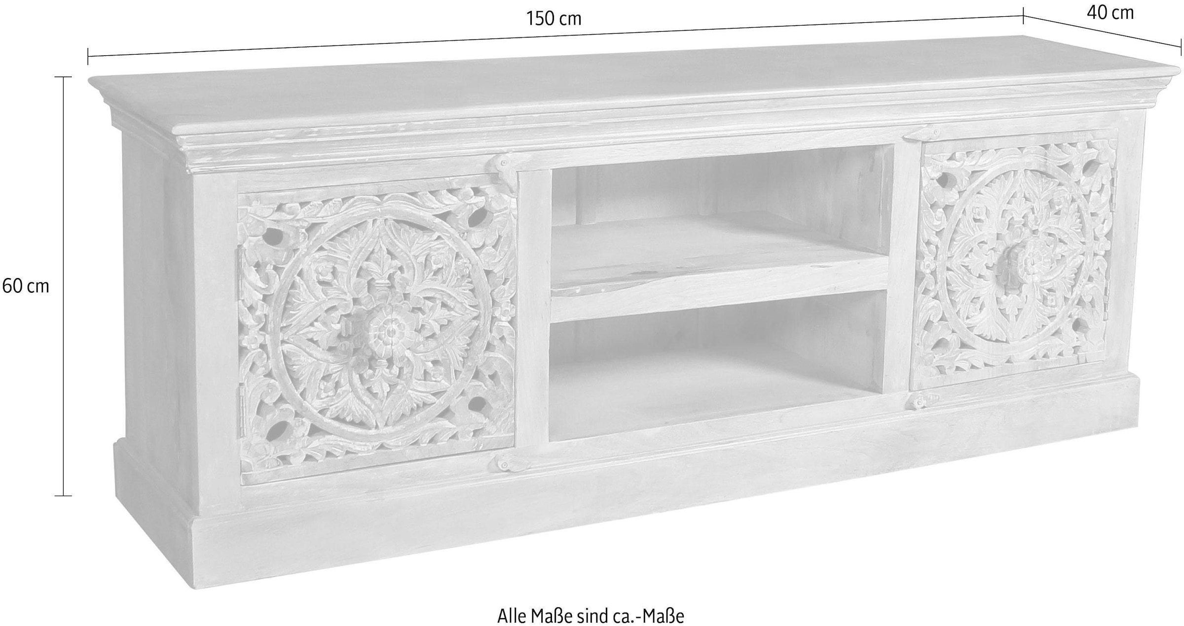 SIT Table basse »Dmanisi aus Mangoholz mit 2 Türen und 2 offenen Fächern« Meuble TV bas avec 2 trous pour câbles et sculptures détaillées