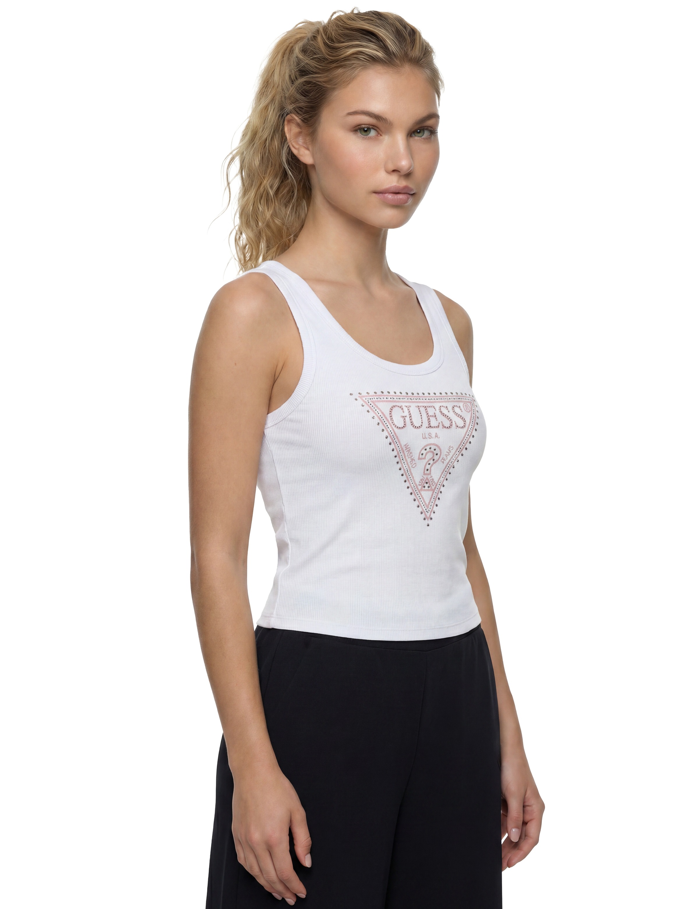 Guess Ripptanktop »SL SAVINA TRIANGLE LOGO TANK« mit Schmucksteinbesatz