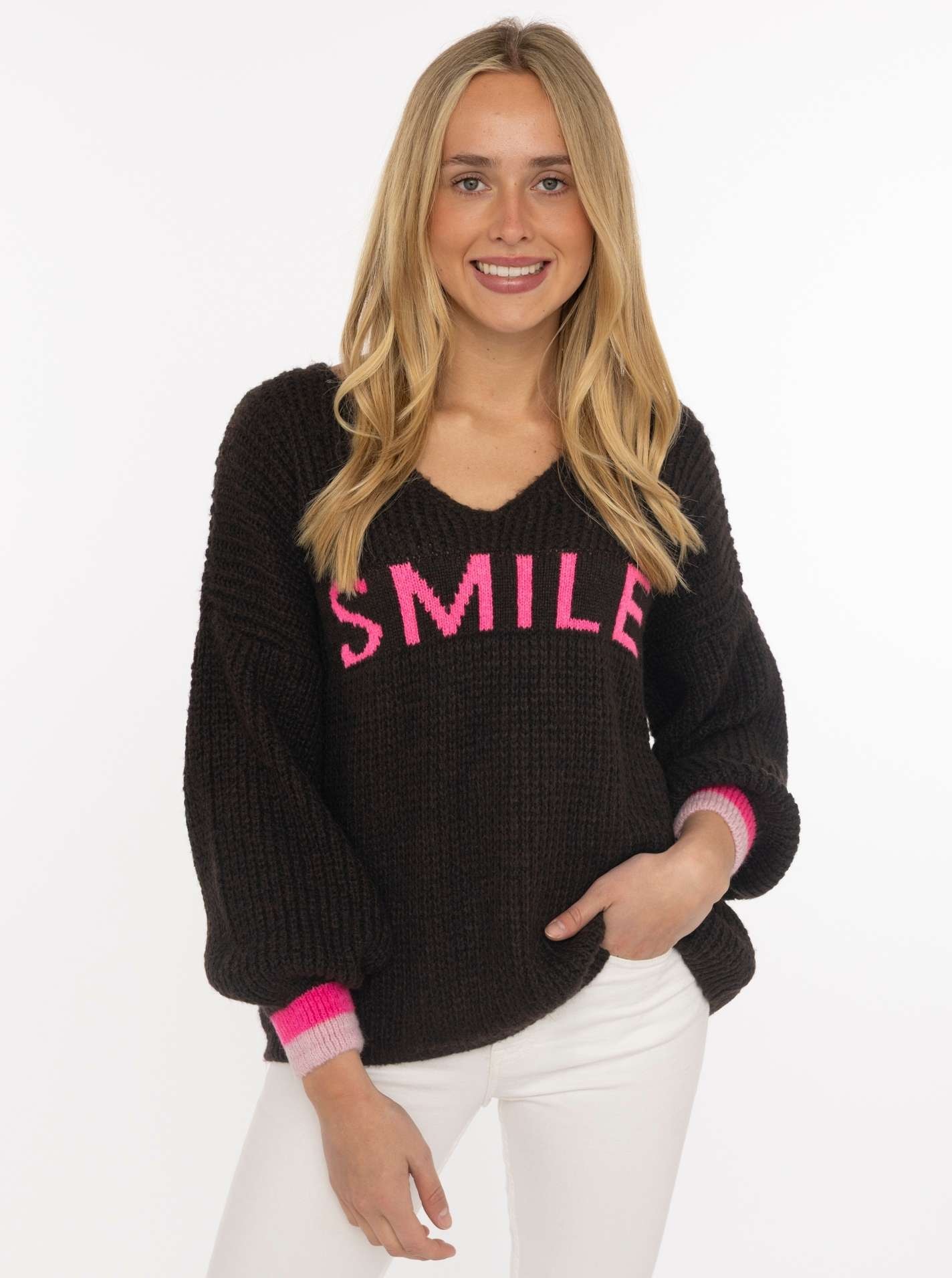 Image of Zwillingsherz Strickpullover ""Smile"" Langarm, One Size, V-Ausschnitt, Neon-Details, Schriftzug