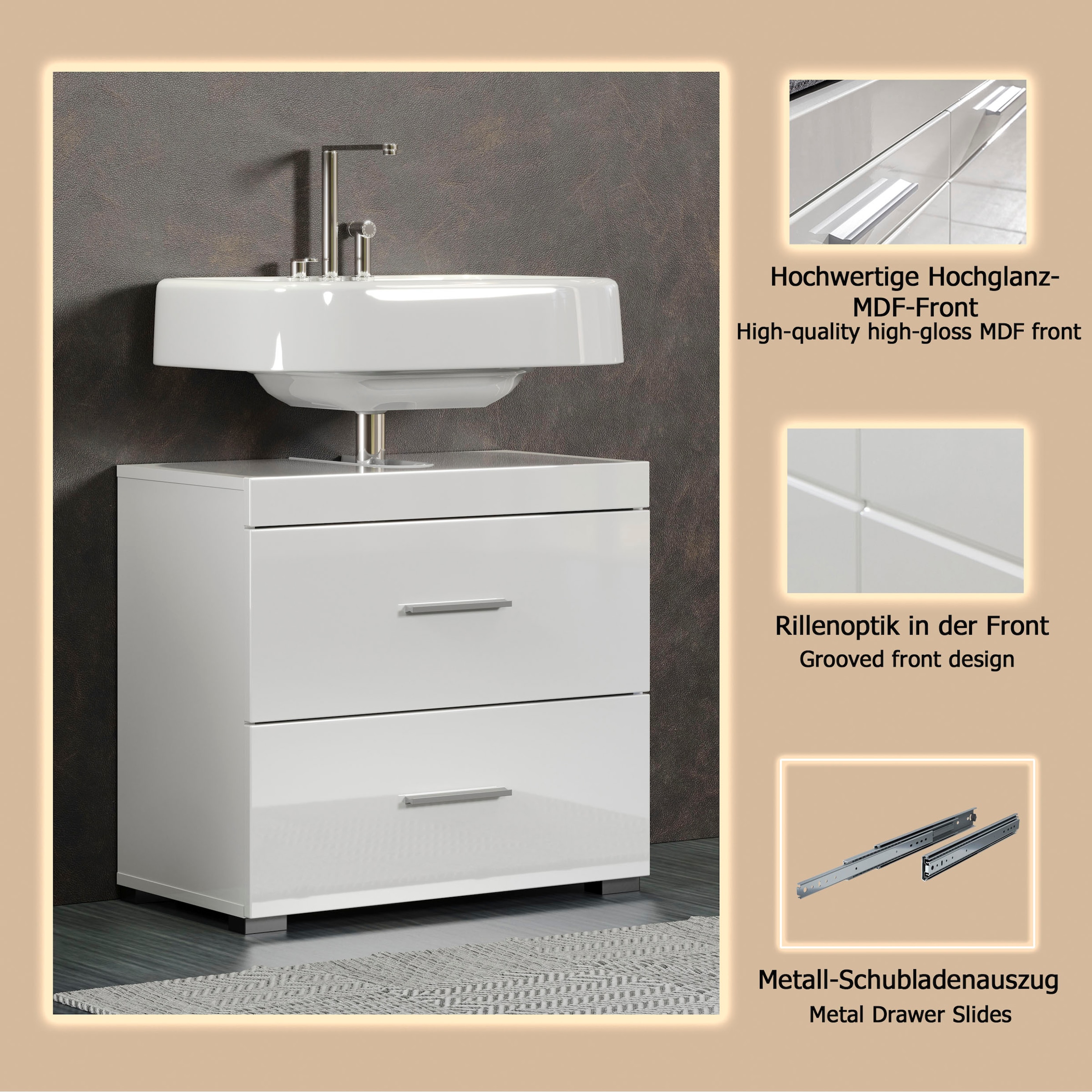 welltime Waschbeckenunterschrank »Avena« 1 Stk. tlg. Waschtisch mit 2 Schubkästen – (B/T/H) 60/34/56 cm