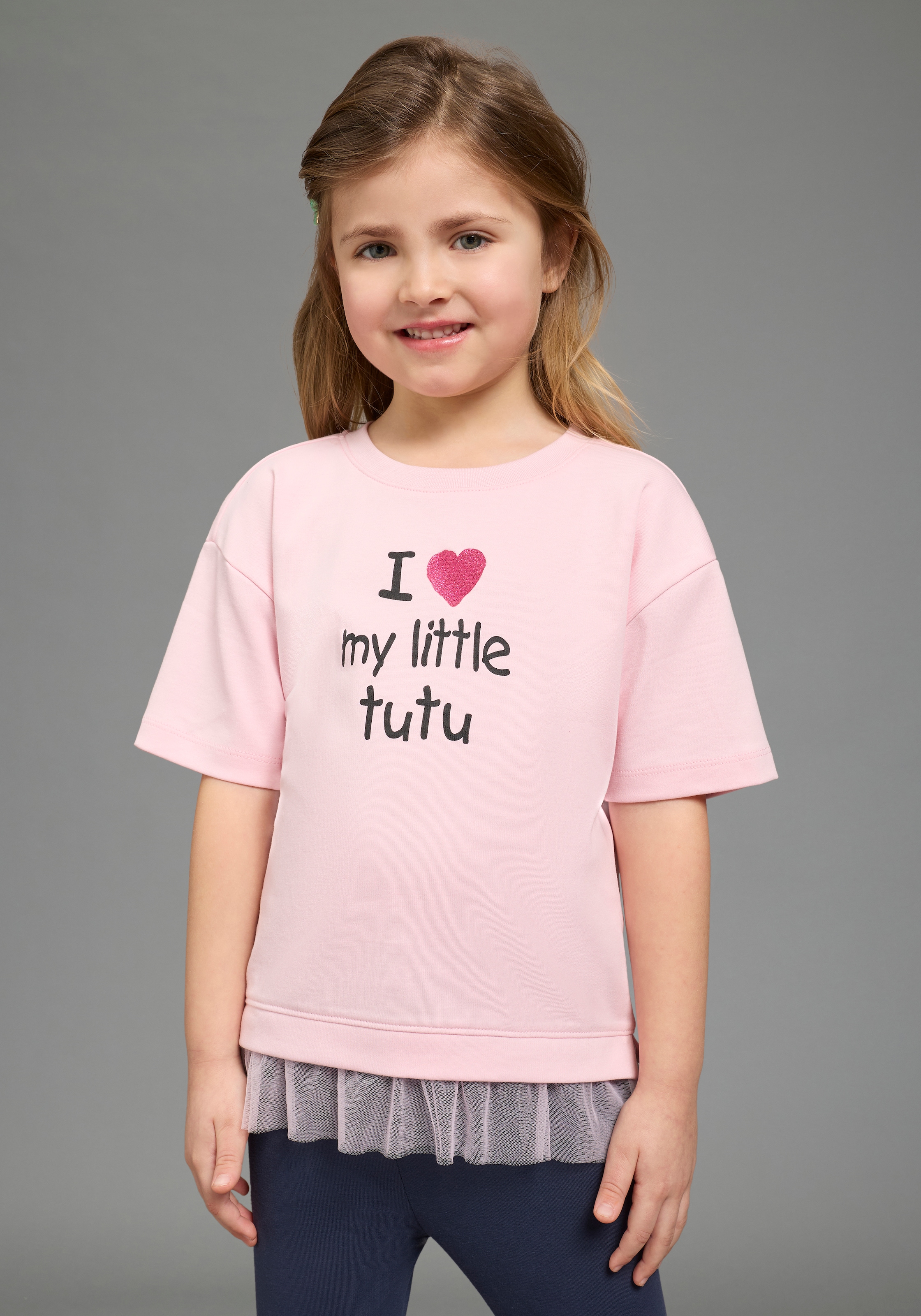 Image of KIDSWORLD T-Shirt "mit Glitzerprint und Tüll-Saum: I love my little tutu" Basic Passform, Kurzarm, mit Volant aus Polyester