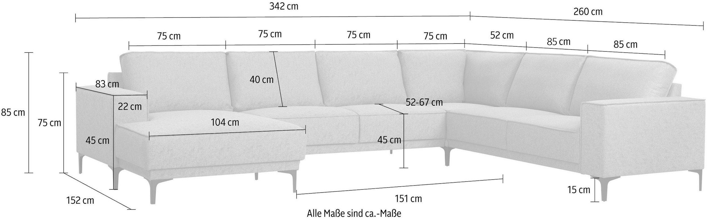 Places of Style Wohnlandschaft »XXL Sofa Oland, Struktur, Flachgewebe, Luxus-Microfaser, Boucle«, U-Form, 342 cm, Wellenunterfederung, Skandi-Design, Metallfüsse
