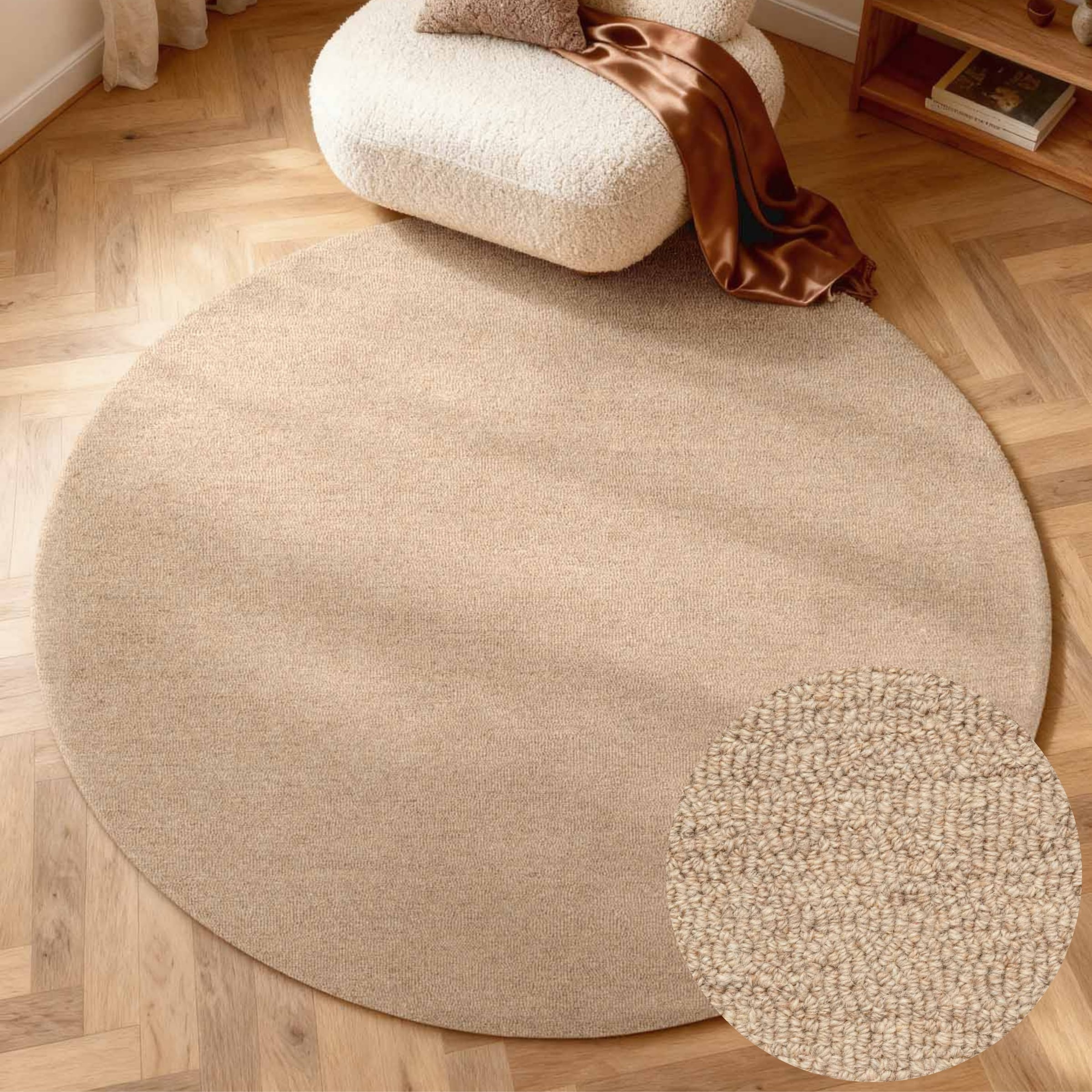 Image of ELLE DECORATION Wollteppich "Knots" rund 13 mm Höhe Handtuft, Wolle, Rund, Feines Bouclé, Wohnzimmer, Schlafzimmer, Natur