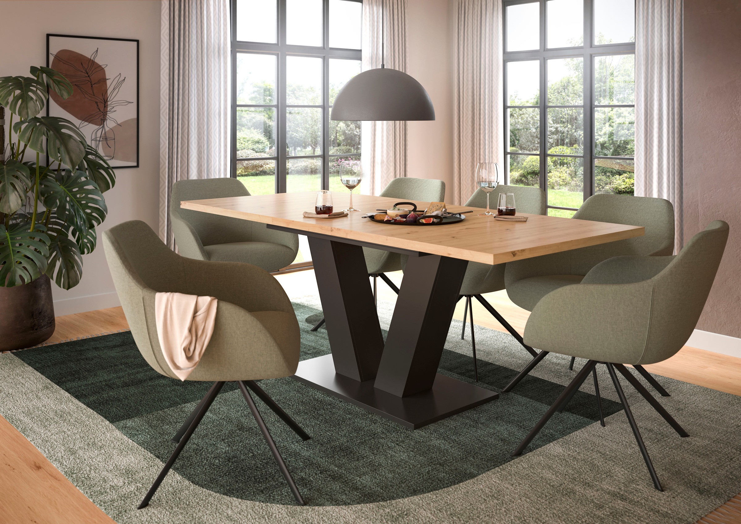 Home affaire Esstisch "Motus, ausziehbar 150 -190 cm, inklusive 40 cm Einlegeplatte" Set, 1 Stk. tlg. V-Gestell mit Bodenplatte, Tisch, Küchentisch, Esszimmer, Küche