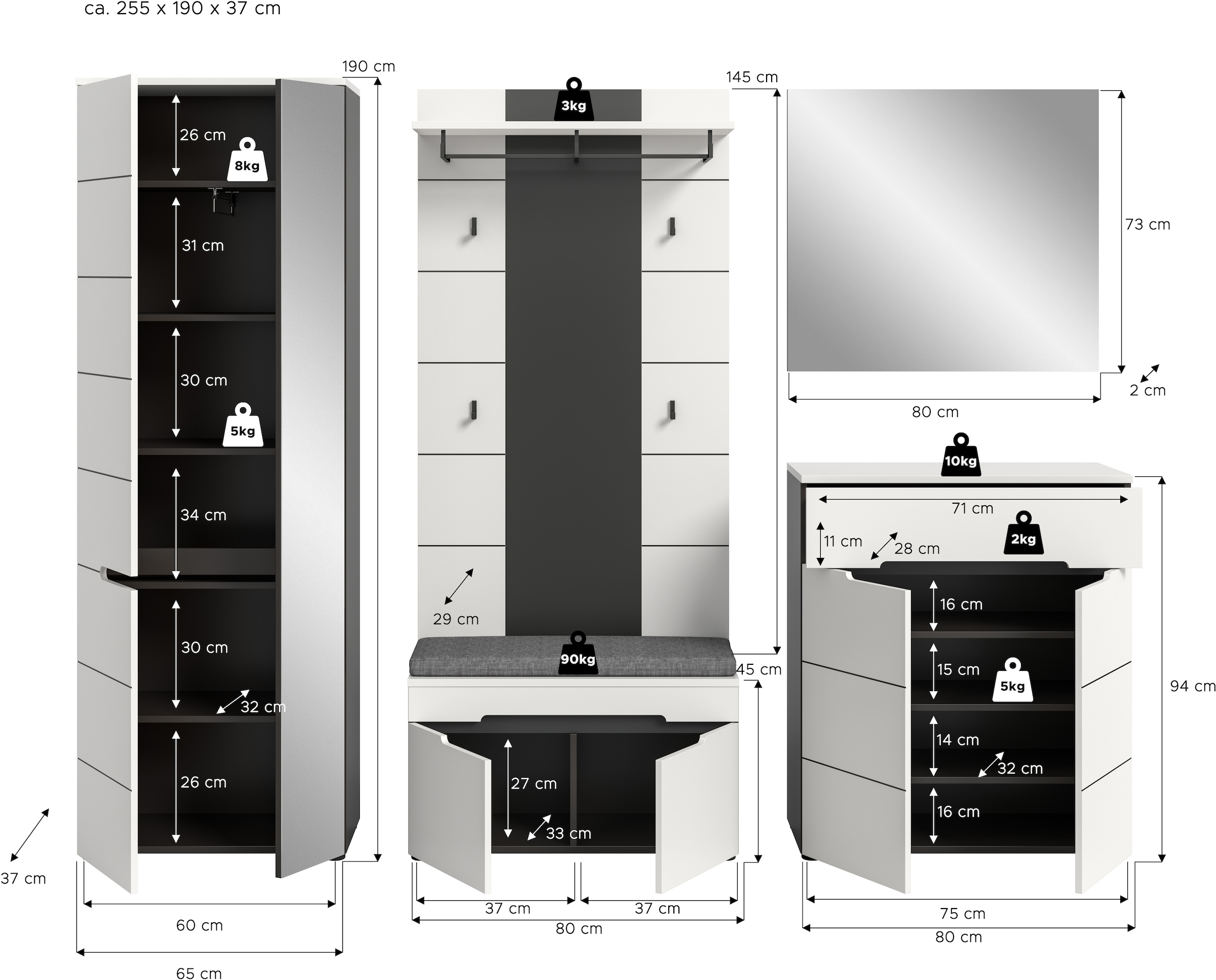 Home affaire Ensemble de vestiaires »REHAT, TOPSELLER!, 5-teilig, Breite 255 cm, individuell erweiterbar« Set, bestehend aus: Schrank, Sitzbank, Sitzkissen, Paneel, Spiegel, Kommode, 6 cuis tlg.