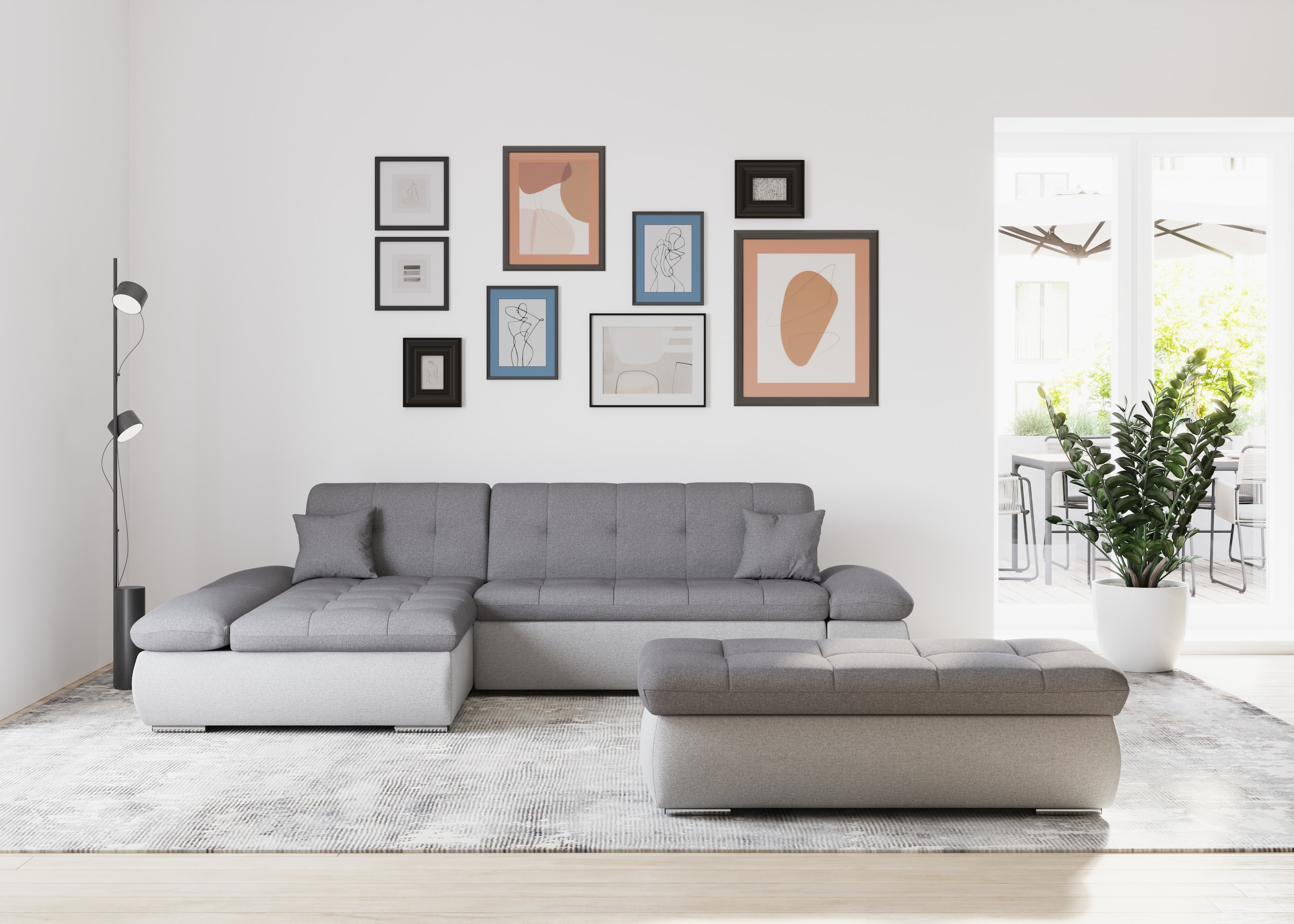 DOMO collection Ecksofa »Moric, L-Form, XXL-Sofa - Breite 300cm«, wahlweise mit Bettfunktion und Armteilverstellung, silberfarben-grau