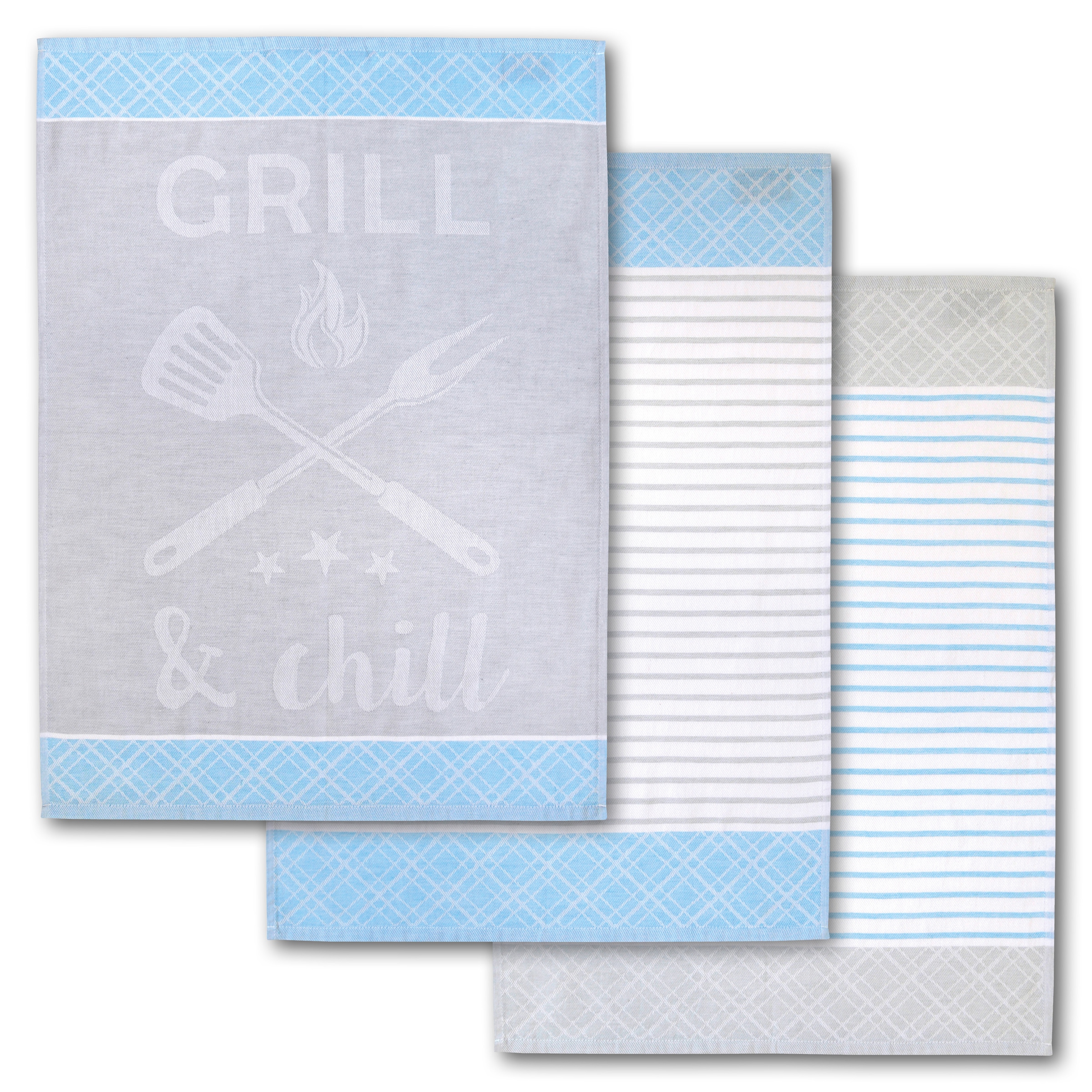 Dyckhoff Chiffon à vaisselle »Grill & Chill, mit 3 verschiedenen Motiven, Masse je Tuch ca. 50x70 cm« aus 100% Baumwolle, mit Grillbesteck-Motiv und Schriftzug