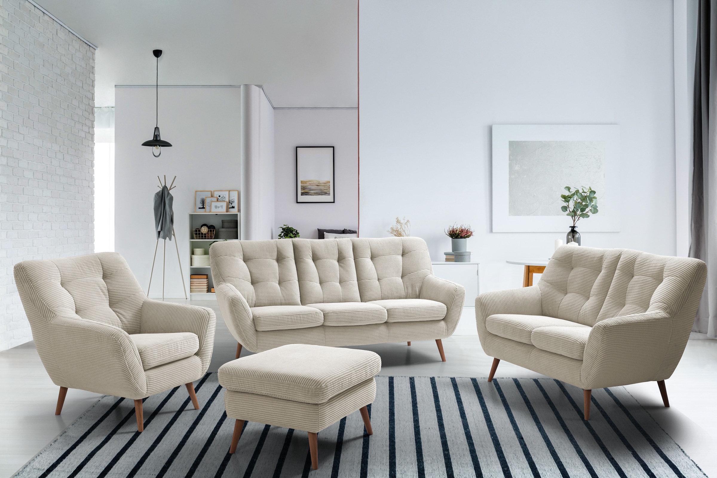 exxpo - sofa fashion 2-Sitzer »Scandi, bequem, aufwendige Rückenpolsterung für mehr Sitzkomfort« akuelle Farben in hochwertige Bezugsqualitäten, Holzfuss