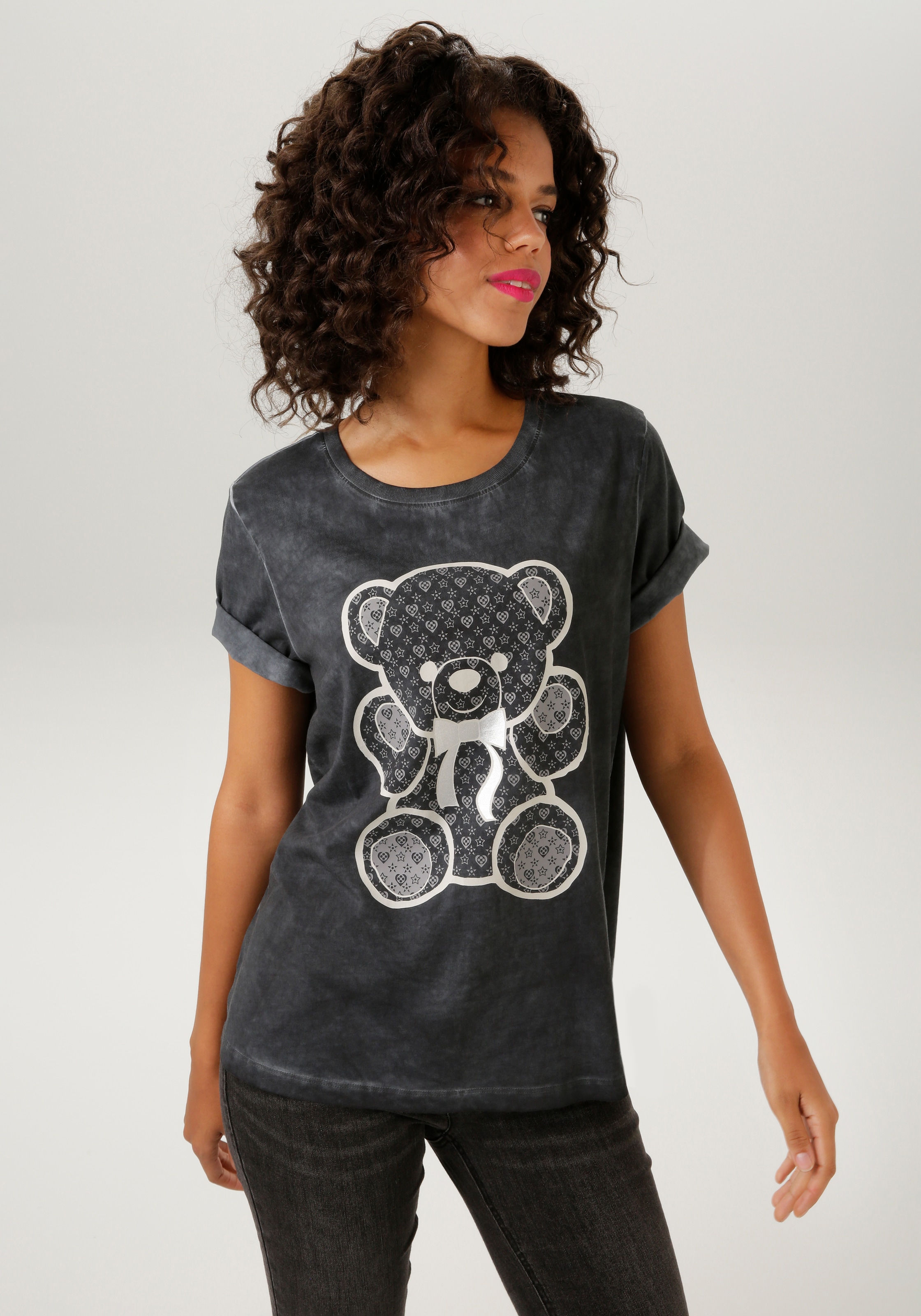 Aniston CASUAL T-Shirt, mit Folienprint verzierter Bärchen-Frondruck - NEUE KOLLEKTION