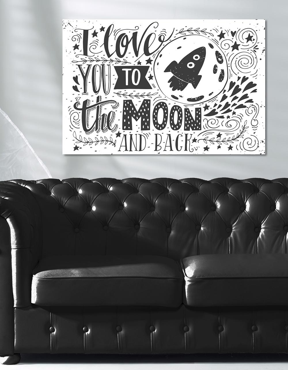 queence Leinwandbild »Moon«, Elemente der Architektur-Stern-Sterne-Kunst-Sprüche-Sprüche & Texte-Schriftzug-Schriftzüge-Schwarz-Weiss, Premium-Leinwandstoff, Handarbeit aus Deutschland
