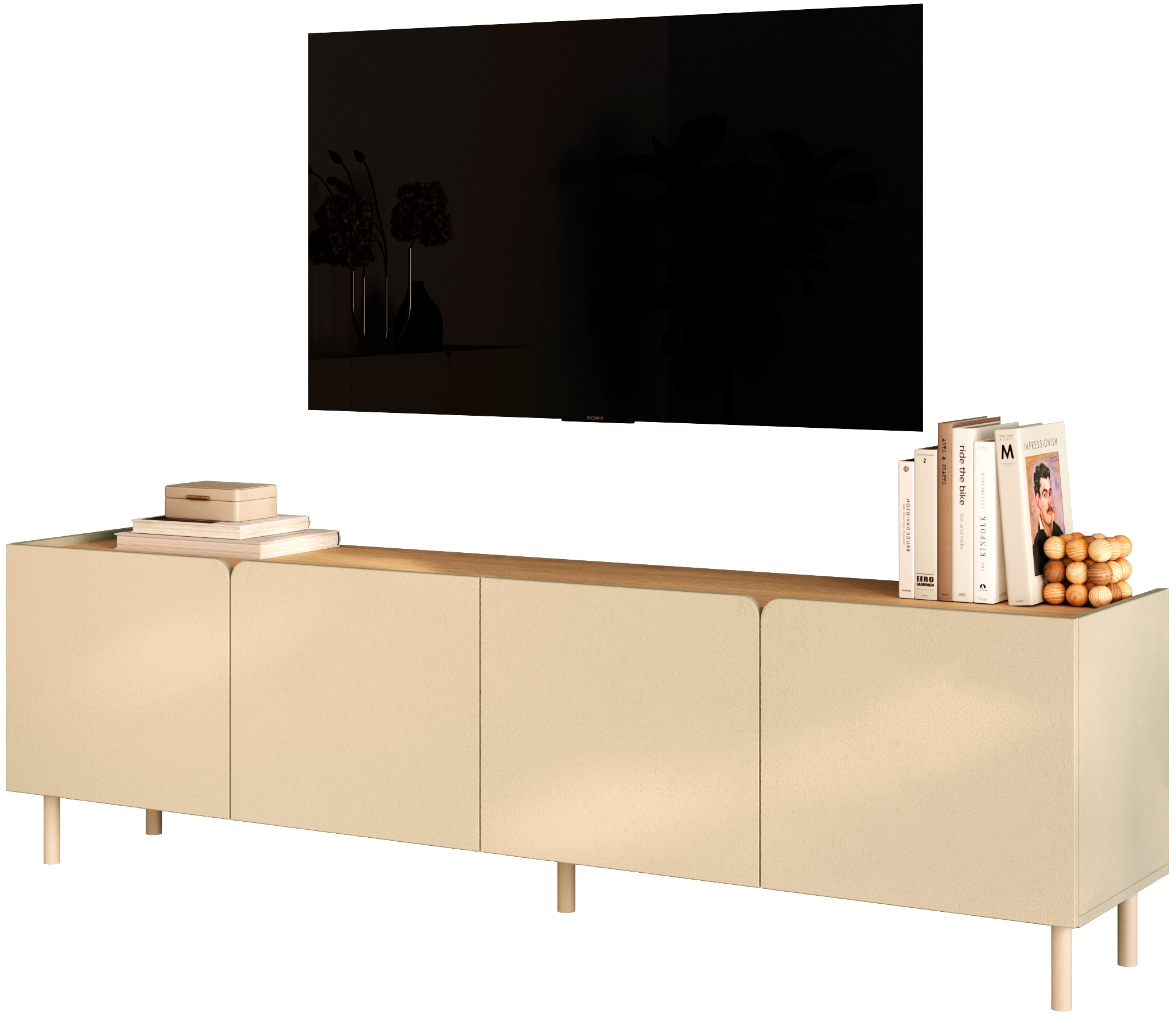 GOODproduct Table basse »Dobbiaco, 202 cm breit, 4 Türen, Mediaboard, TV-Schrank« Top intégré, pieds en métal droits, porte avec arrondi