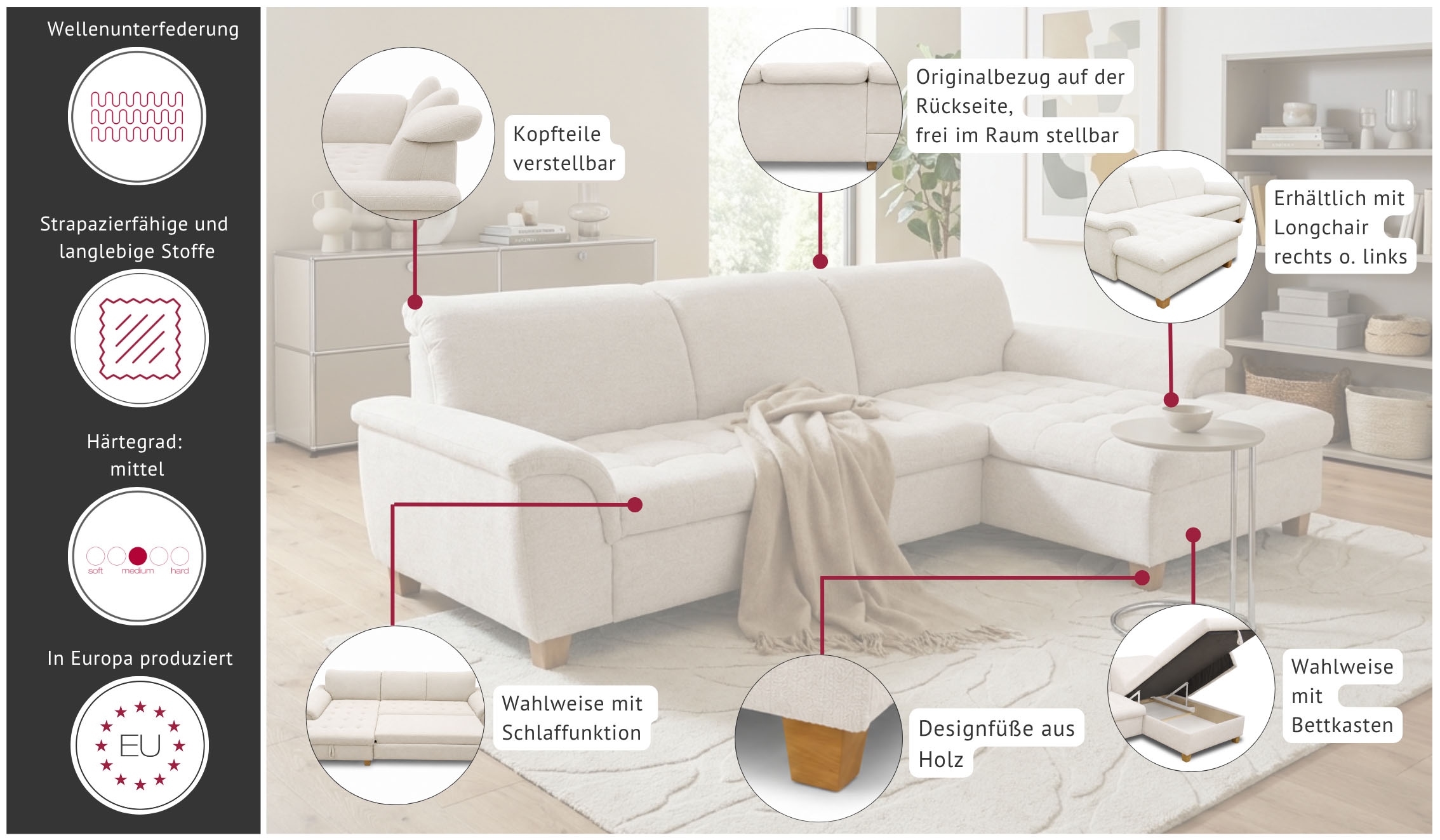 GOODproduct Ecksofa »Egedal 279 x 162 cm, auch mit Schlaffunktion & Bettkasten, Holzfüsse« L-Form, aus pflegeleichtem Luxus-Microfaser