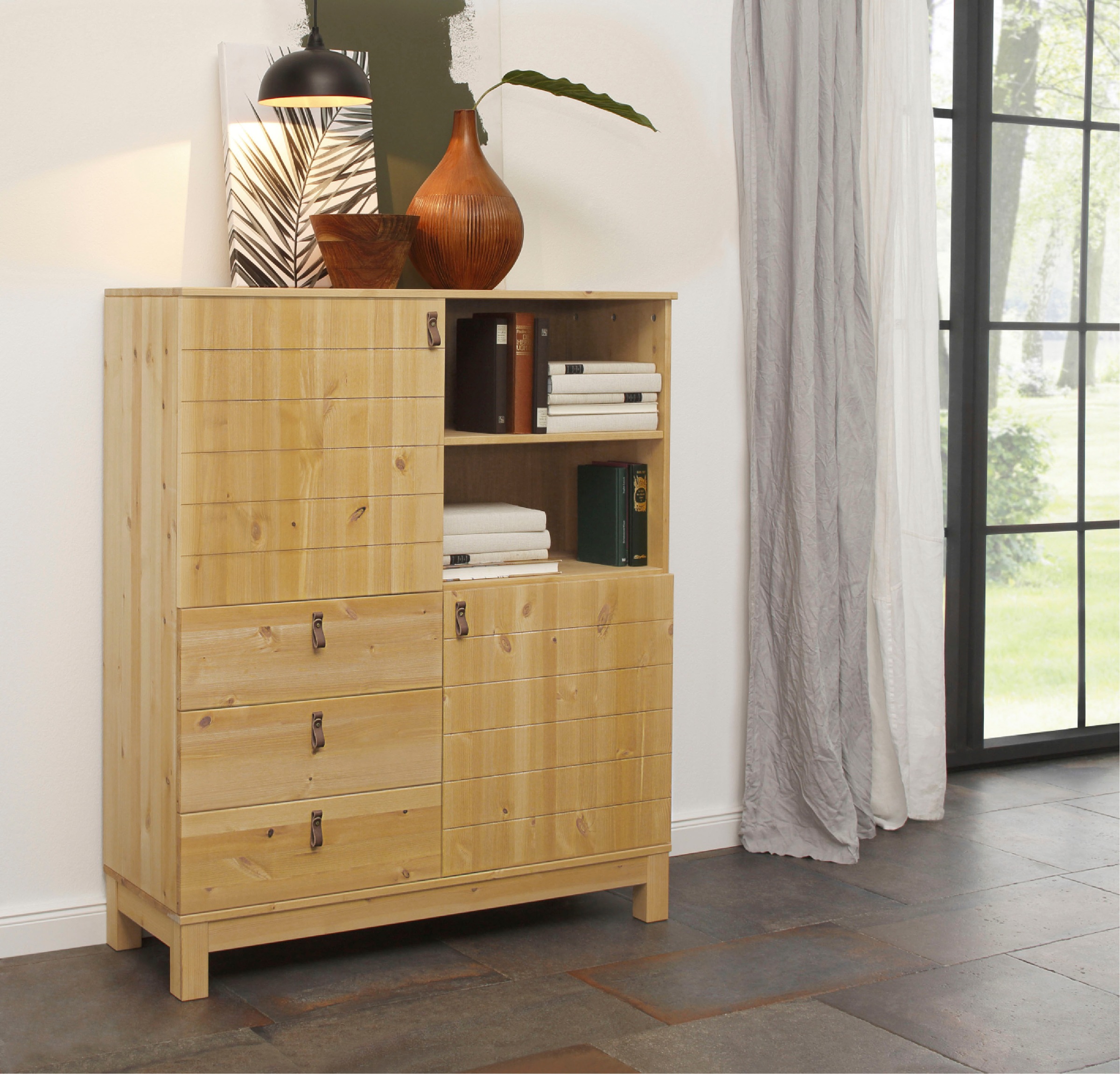 Image of Home affaire Highboard »Ella«, mit schönen Griffen aus Leder, aus massivem Kiefernholz bei Ackermann Versand Schweiz