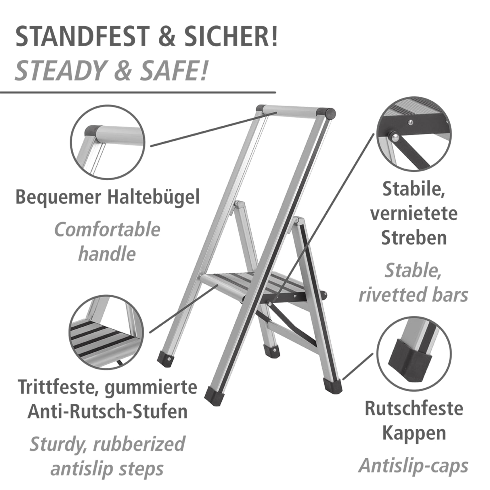 WENKO Trittleiter »Modell Alu-Design«, Klapptritt Leiter, rutschsichere XXL-Stufen, klappbar, bis 150 kg