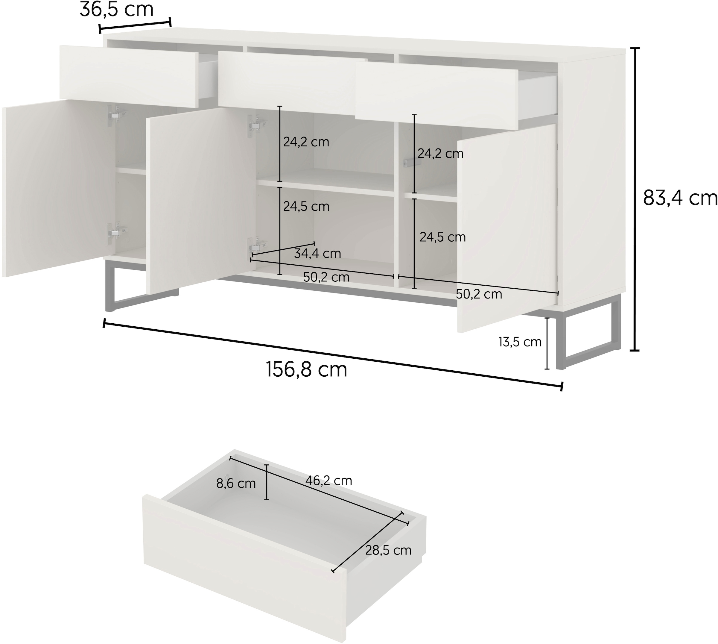 GOODproduct Sideboard »Loft, Breite 157 cm, grifflose Kommode 3 Türen/3 Schubkästen.« Schubladenschrank mit viel Stauraum, Einlegeböden verstellbar