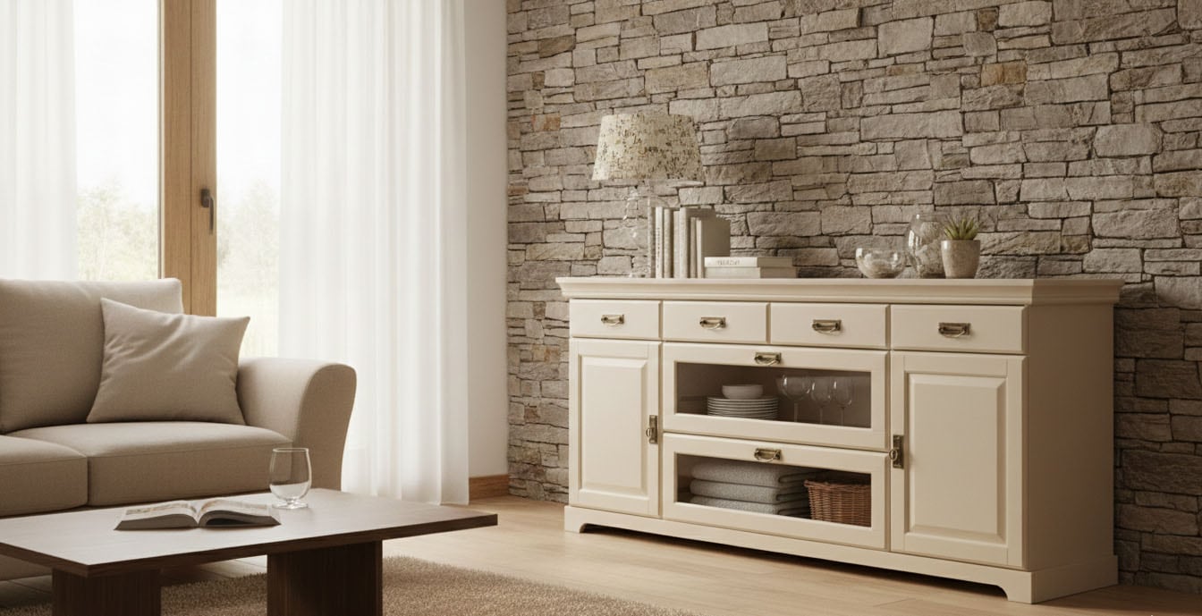 Image of GOODproduct Sideboard "Rügen Kommode mit 2 Türen, 6 Schubläden mit Metallringgriffe" aus massiver Kiefer, Schubladen mit Glaseinsatz, natürliche Maserung