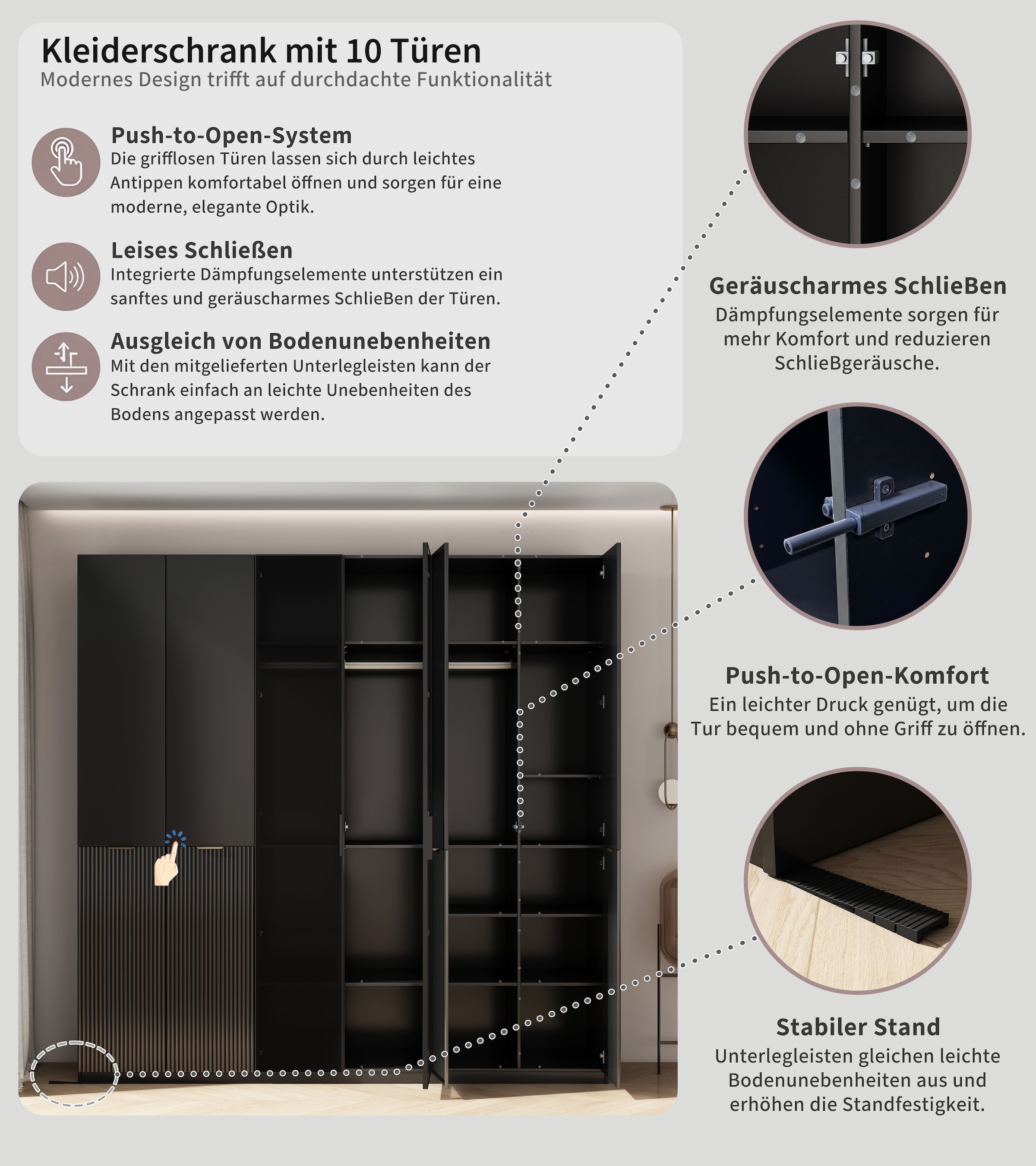 GOODproduct Kleiderschrank »Jorella Schlafzimmerschrank Garderobe mit Softclose Türen Glastüren« eleganter Schlafzimmerschrank Rillendesign Trend Breite 241cm Grauglas