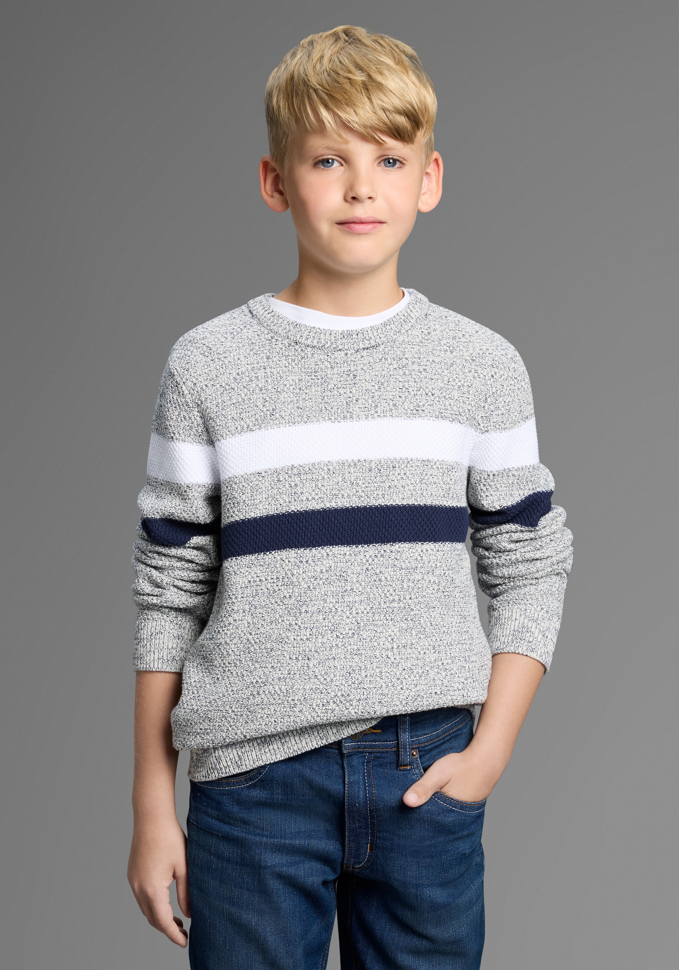 Image of Bruno Banani Strickpullover "Ringelpullover in modischer Strickstruktur für Jungen" Für TEENS, Pullover in Melangeware
