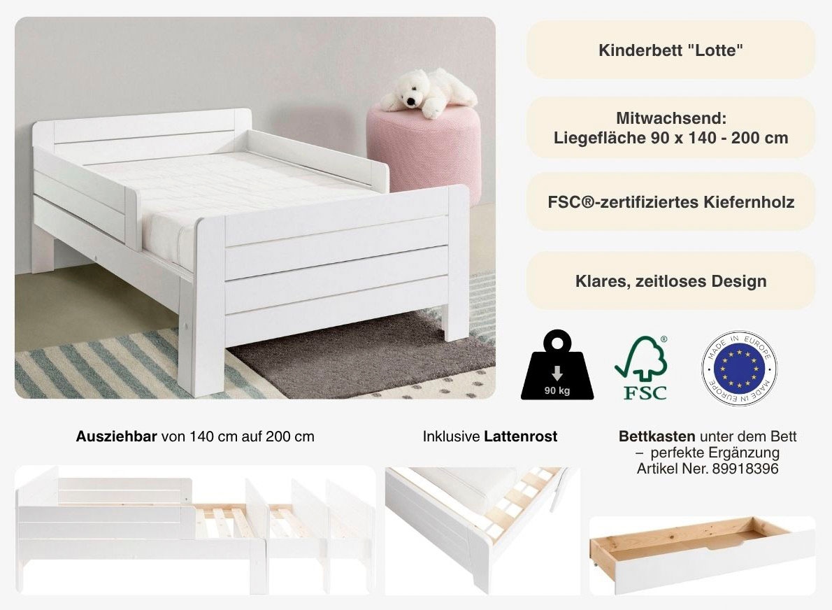 Lüttenhütt Funktionsbett »"LOTTE " Bestseller! Kinderbett mit Rausfallschutz, Schublade optional« ausziehbar von 140cm-200cm Länge,  Mitwachsend, FSC® zertifiziertes Massivholz