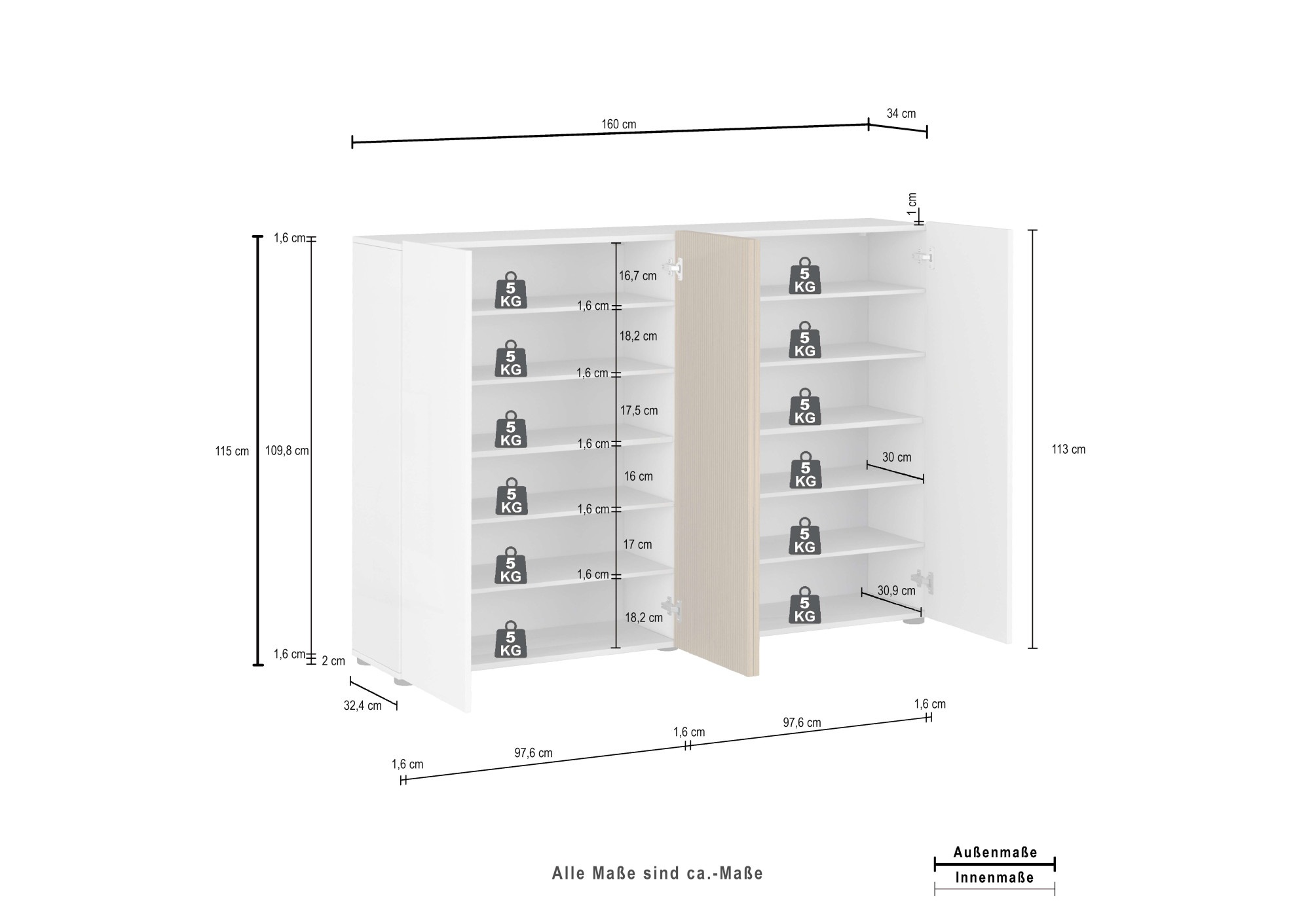 INOSIGN Schuhschrank »LADY, Schuhkommode,Schuhmöbel,Schuhablage,Schuhregal«, mit 10 Einlegeböden, 12 Fächer, Tür mit Rillenoptik, ca.36 paar Schuhe