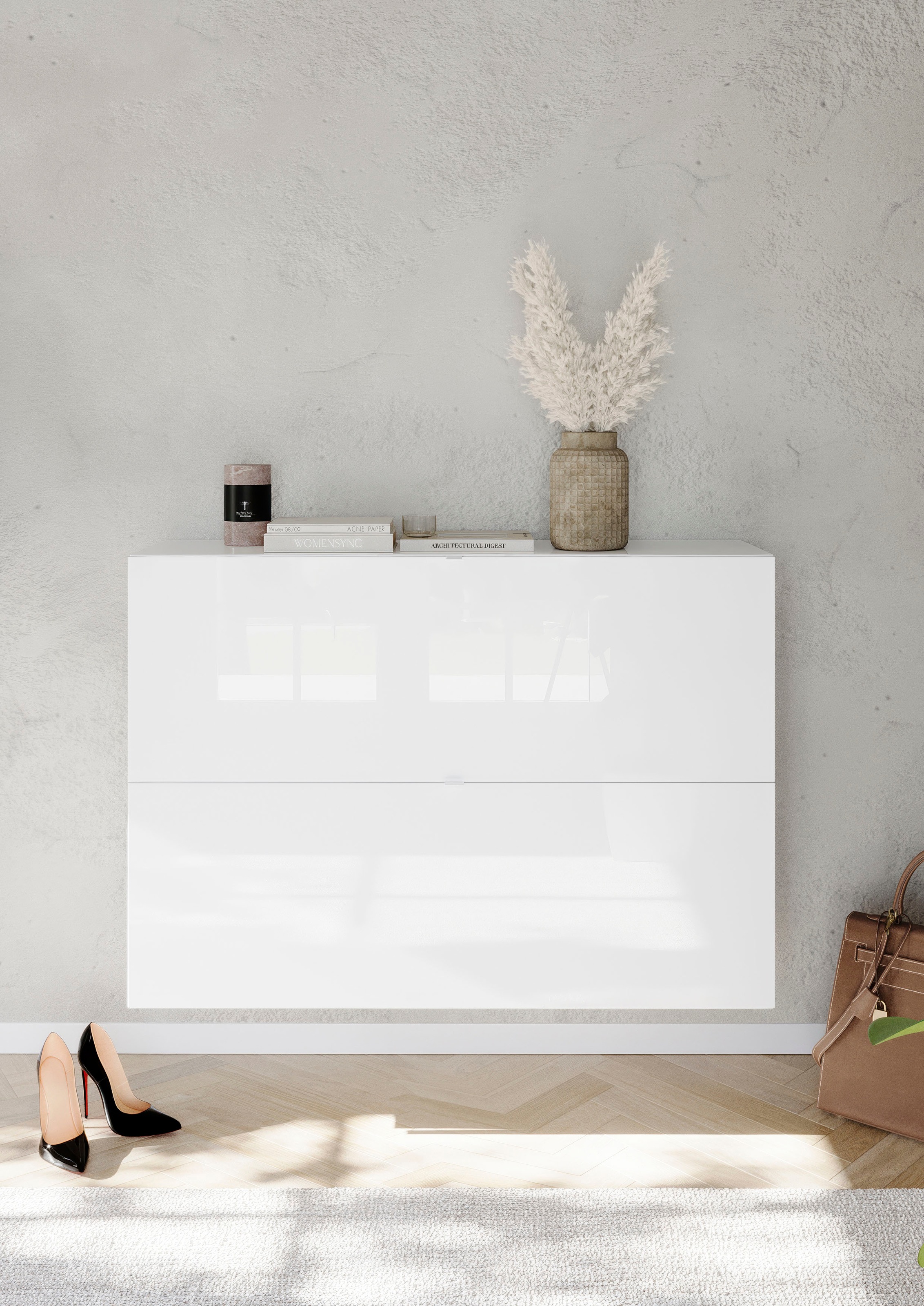 Image of GOODproduct Schuhschrank "SMILE Breite 104 cm, 2 Klappen, komplett Weiss Hochglanz lackiert," Schuhkipper hängend o. stehend montierbar, 4 Fächer, Metallgriffe