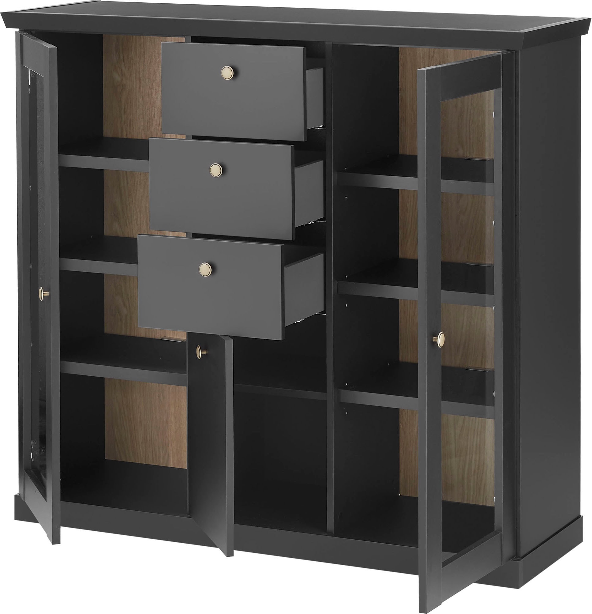 Home affaire Highboard »Lincoln, moderner Schrank, schwarzer Stauraumschrank, 129 cm breit« edles Design, messingfarbene Knopfgriffe, vielseitig einsetzbar