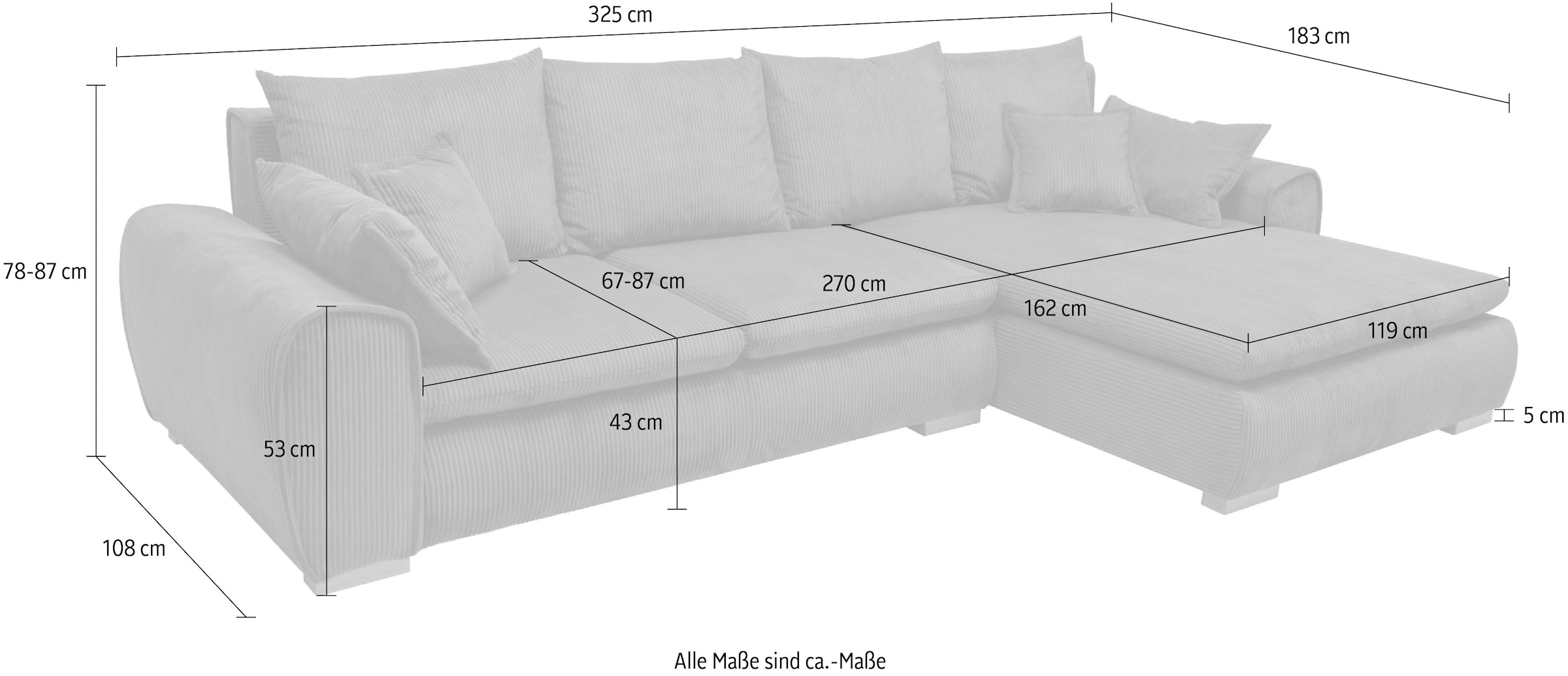 Home affaire Canapé d'angle »Katja L-Form, B: 325 cm - OTTO. Verlässliche Qualität.« Fonction lit, coffre de lit & 4 coussins décoratifs