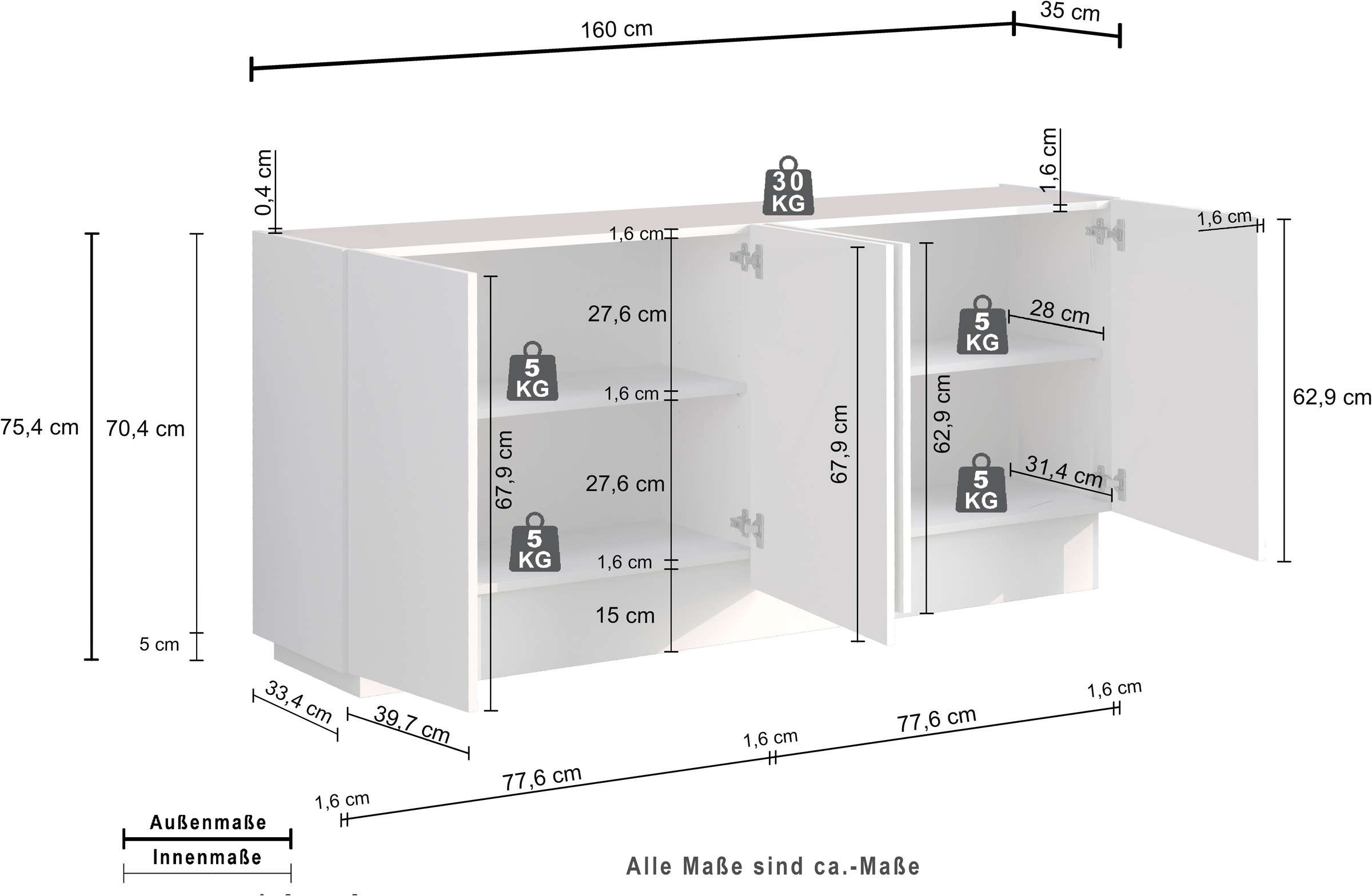 INOSIGN Sideboard »VELA, Sideboard, Breite 160 cm, Design mit schrägen Türen« 1 Stk. tlg. Made in Italy, Masse-B/T/H: 160x35x75,Sideboard, Anrichte, Kommode