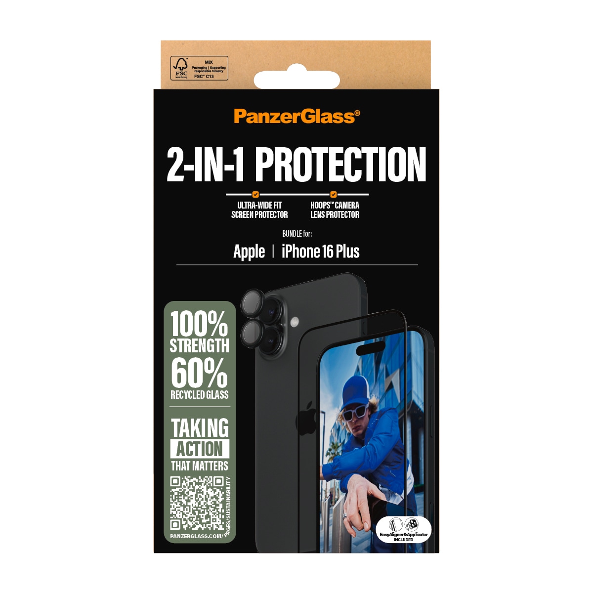 PanzerGlass Displayschutzglas »2-in-1 Protection, Glass, Lens Protector«, für Apple iPhone 16 Plus, Displayschutzfolie, Schutzfolie, Bildschirmschutz, kratz- & stossfest