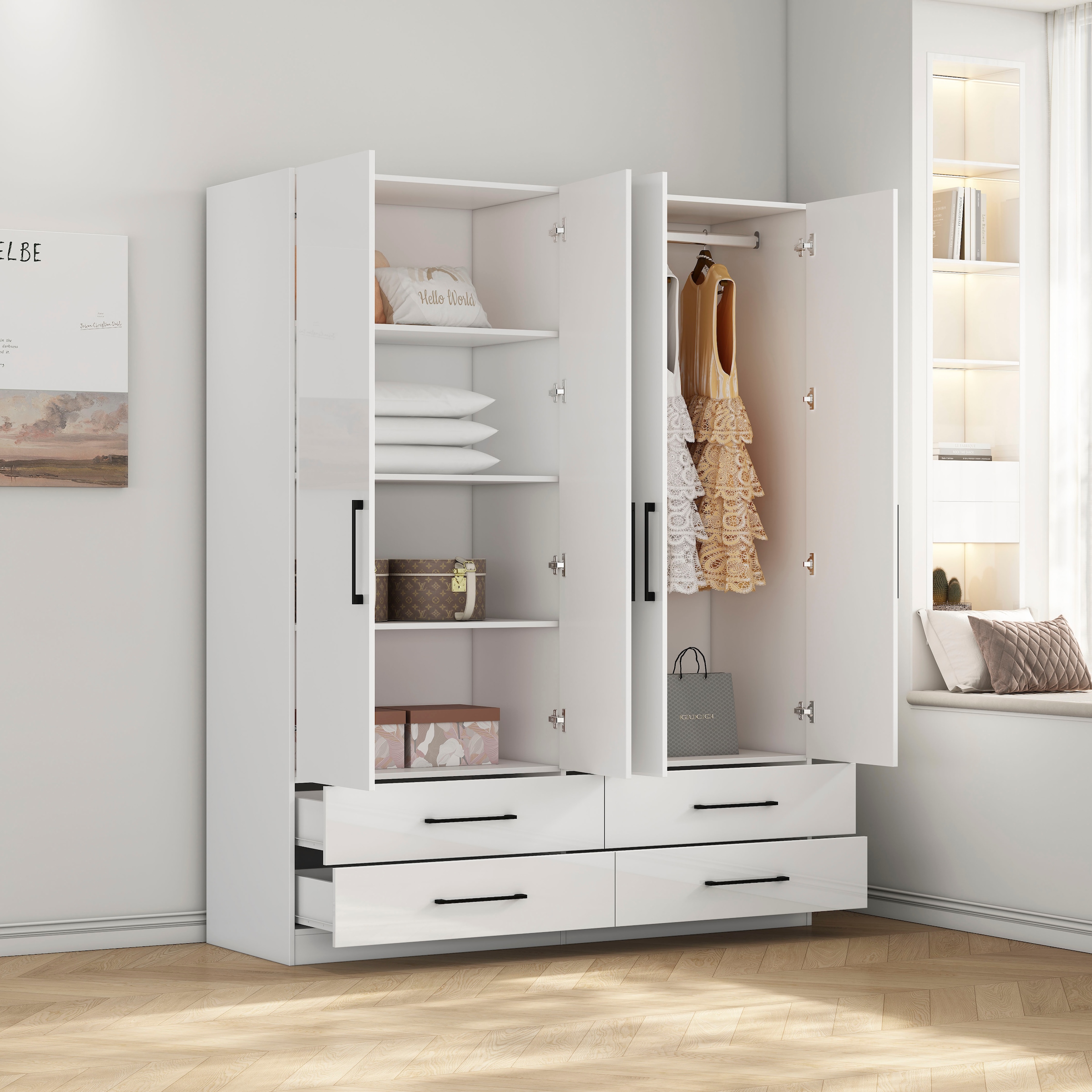 GOODproduct Armoires à vêtements »Sylt Schlafzimmerschrank Garderobe Schrank hochglanz« Drehtürenschrank mit 4 Schubladen und 4 Türen,  Schrank in Breite 160 mit viel Stauraum