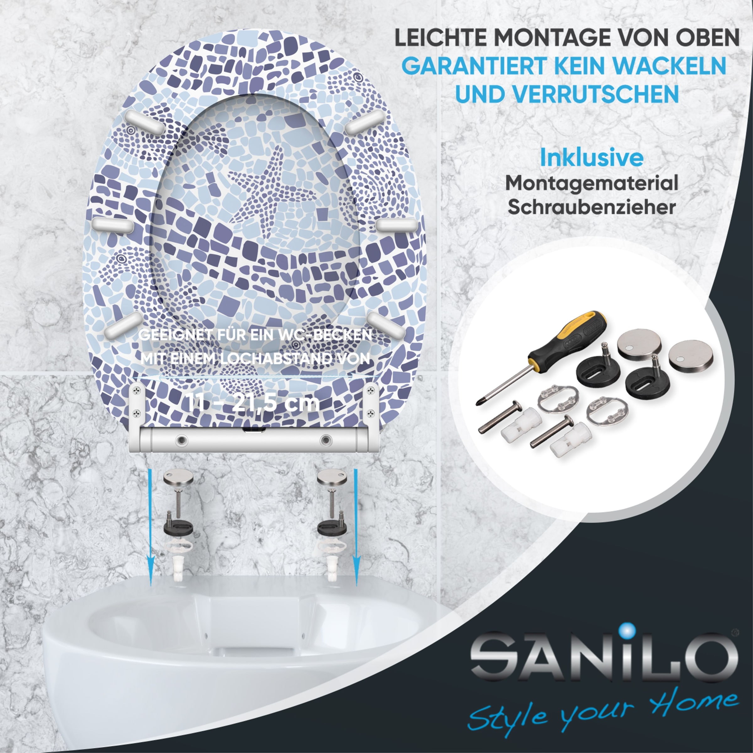 Sanilo WC-Sitz »Mosaic World mit Absenkautomatik & Quick Release« Premium Toilettendeckel, abnehmbar, leichte Montage von oben