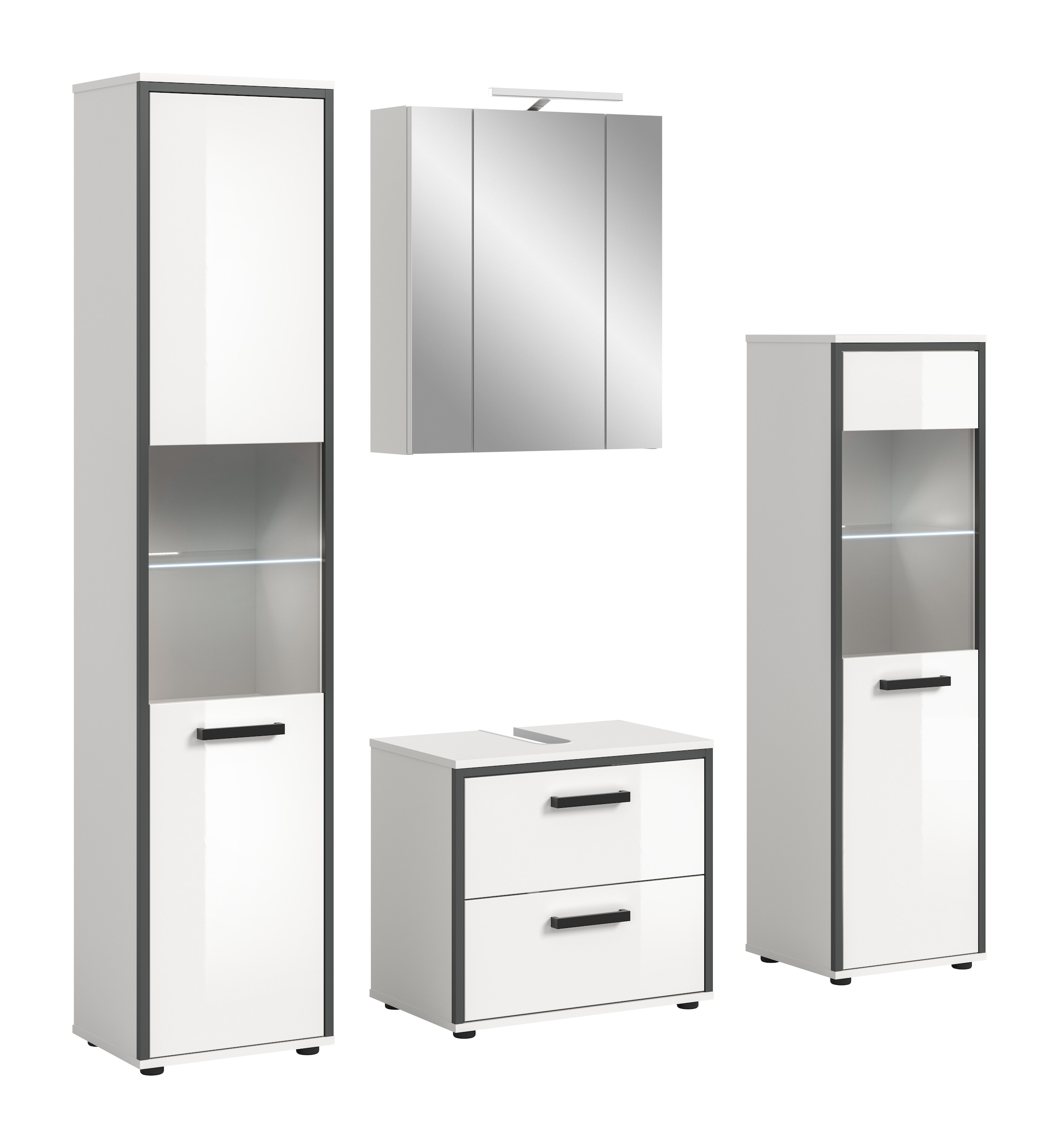 Image of welltime Badmöbel-Set "KAJO, 4-tlg. Badkombination, weiss hochglanz inkl.Beleuchtung" Set, Set, best. aus:Hochschrank,Midischrank,WBU,Spiegelschrank,Beleuchtung, 7 Stk. tlg.