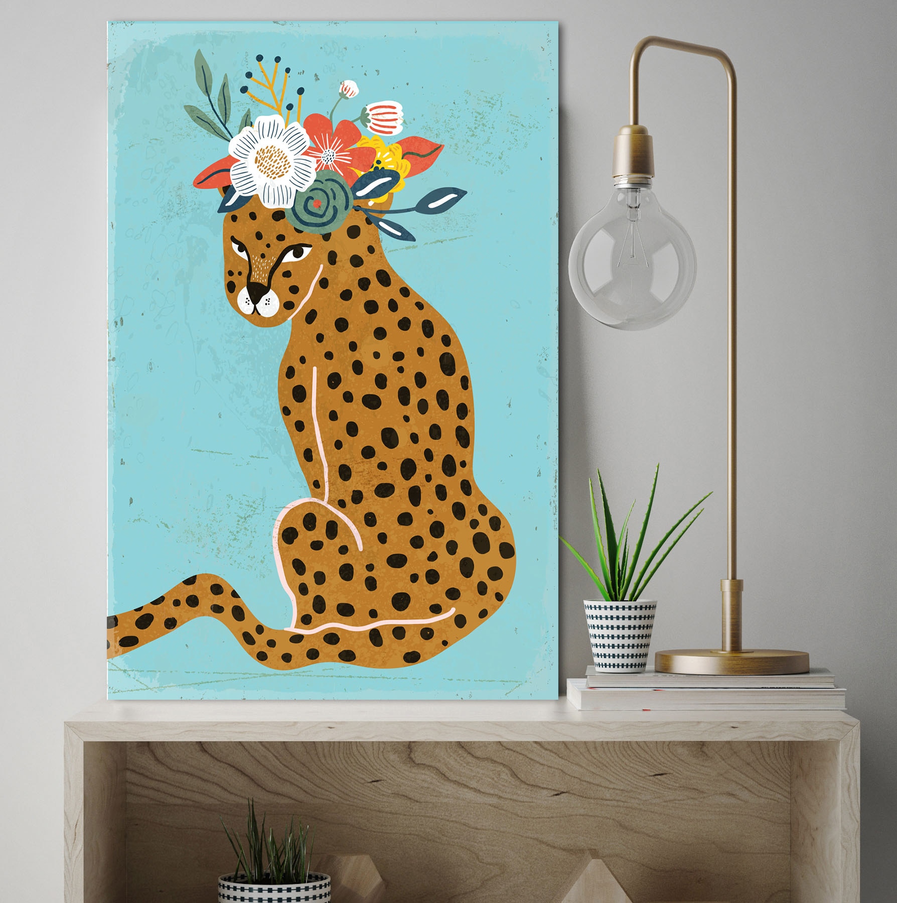 queence Metallbild »Leopard«, Sprüche-Leopard-Blumen, (1 St.), Stahlschild, Blechschild, Leopard mit Blumenkranz