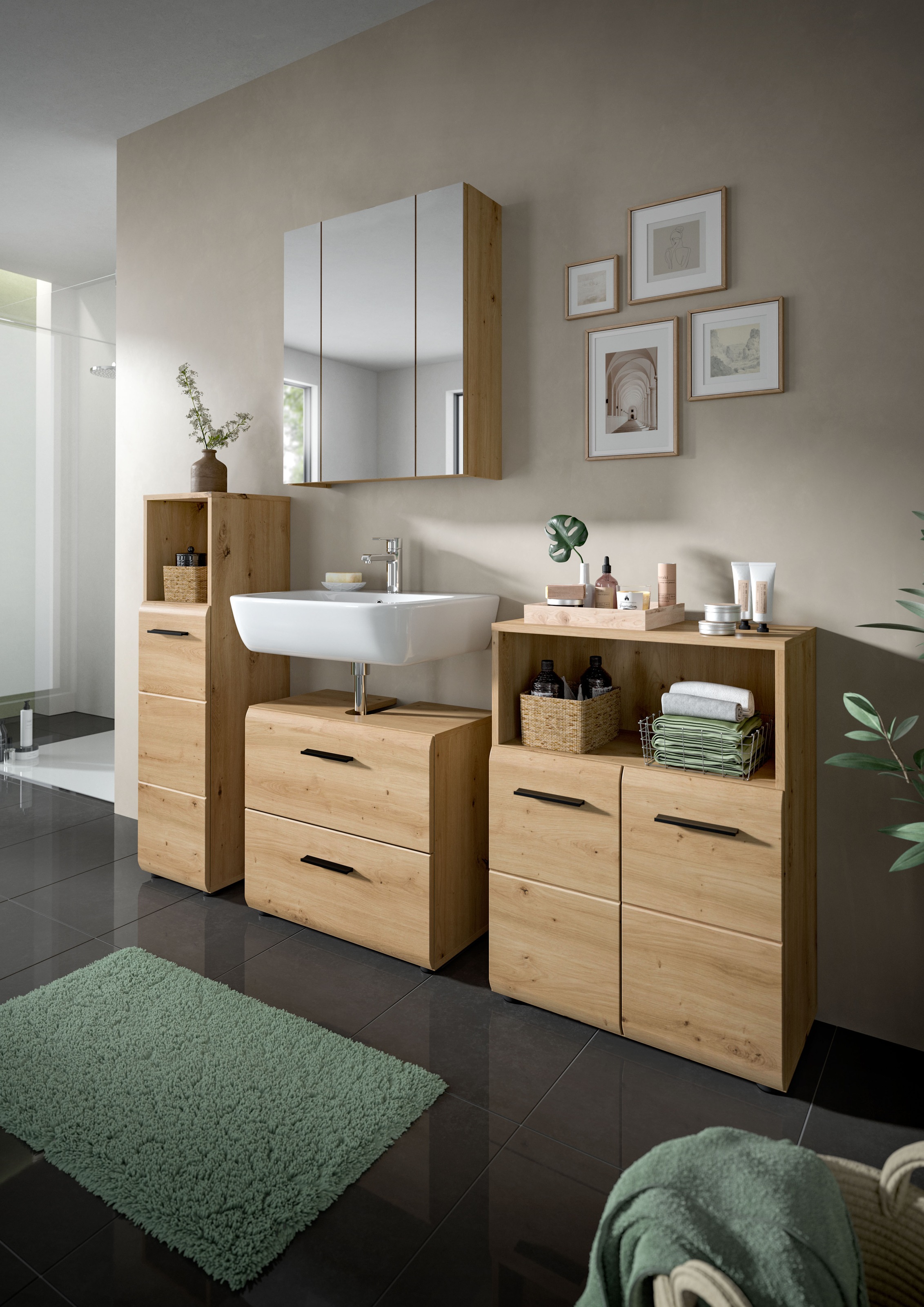 welltime Badmöbel-Set »FLORENZ,  4-teilige Badkombination, hochwertige MDF-Front« Set, Midischrank hoch, WBU, Spiegelschrank, Midischrank breit, 4 Stk. tlg.