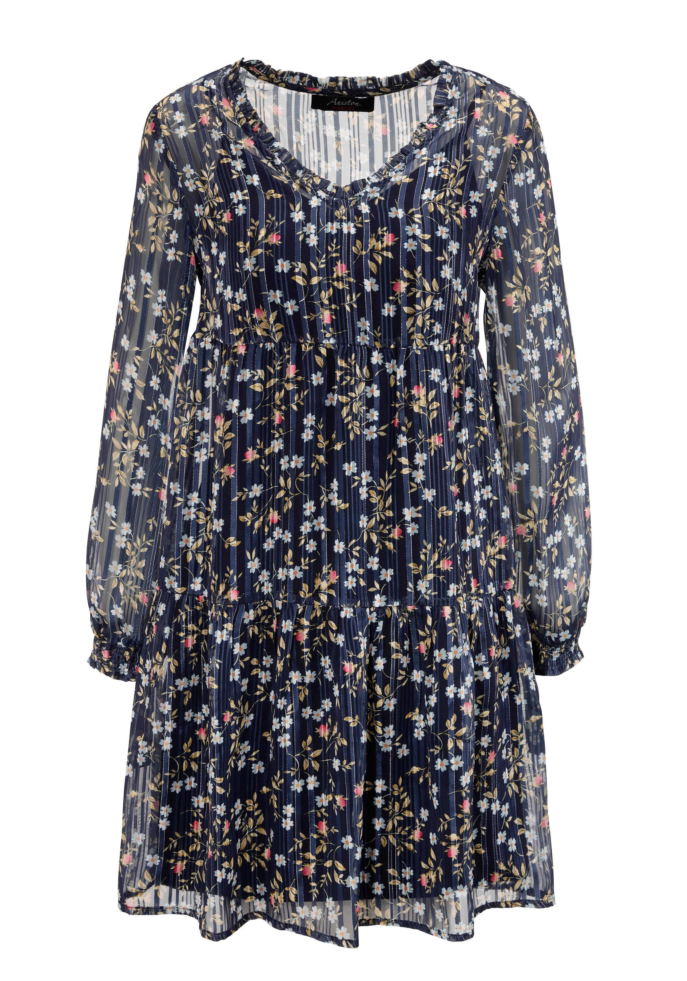 Aniston CASUAL Minikleid, (mit Jersey Unterkleid), mit Glanzfäden verziertem Blumendruck