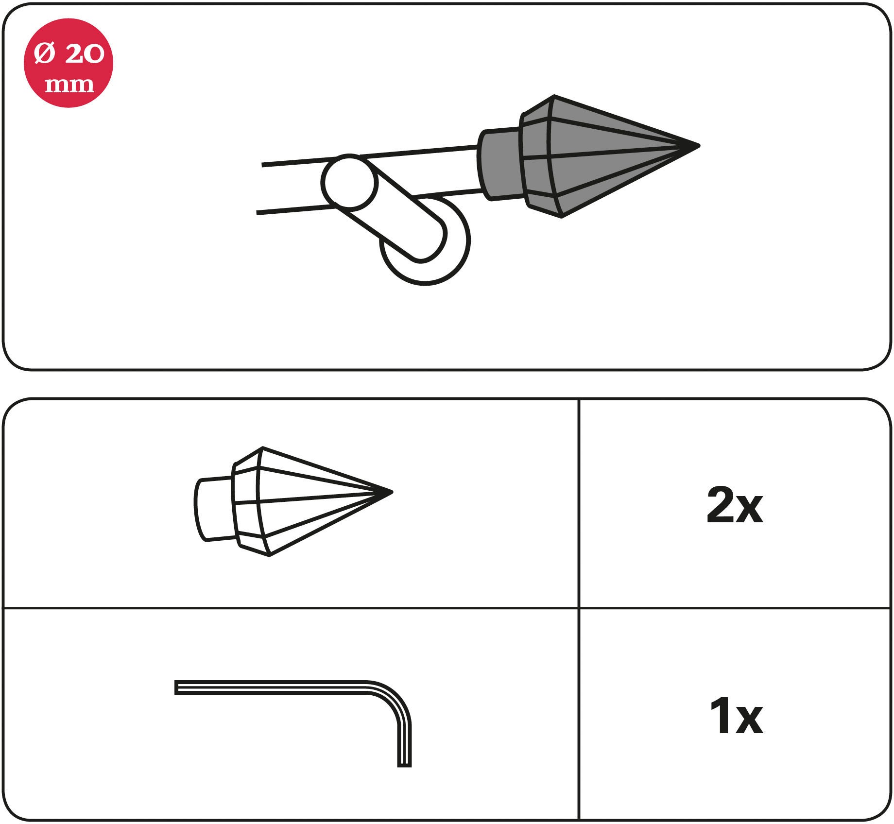 GARDINIA Gardinenstangen-Endstück »Edition Facette Spitze«, (2 St.), Serie Einzelprogramm Chicago Ø 20 mm