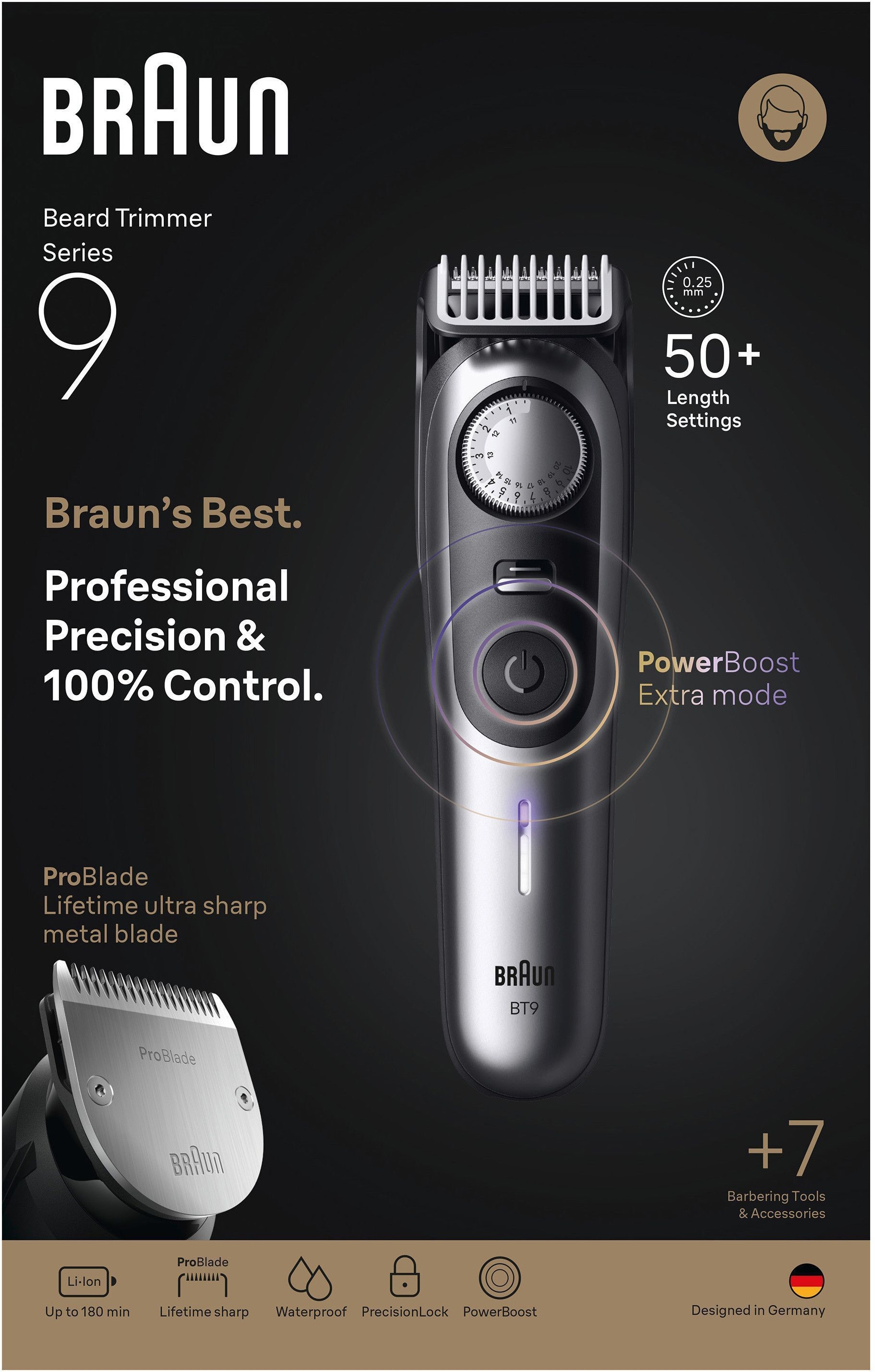 Braun Tondeuse à cheveux »Barttrimmer BT9520« Lame ProBlade tranchante à vie, autonomie batterie 180 min, 52 longueurs