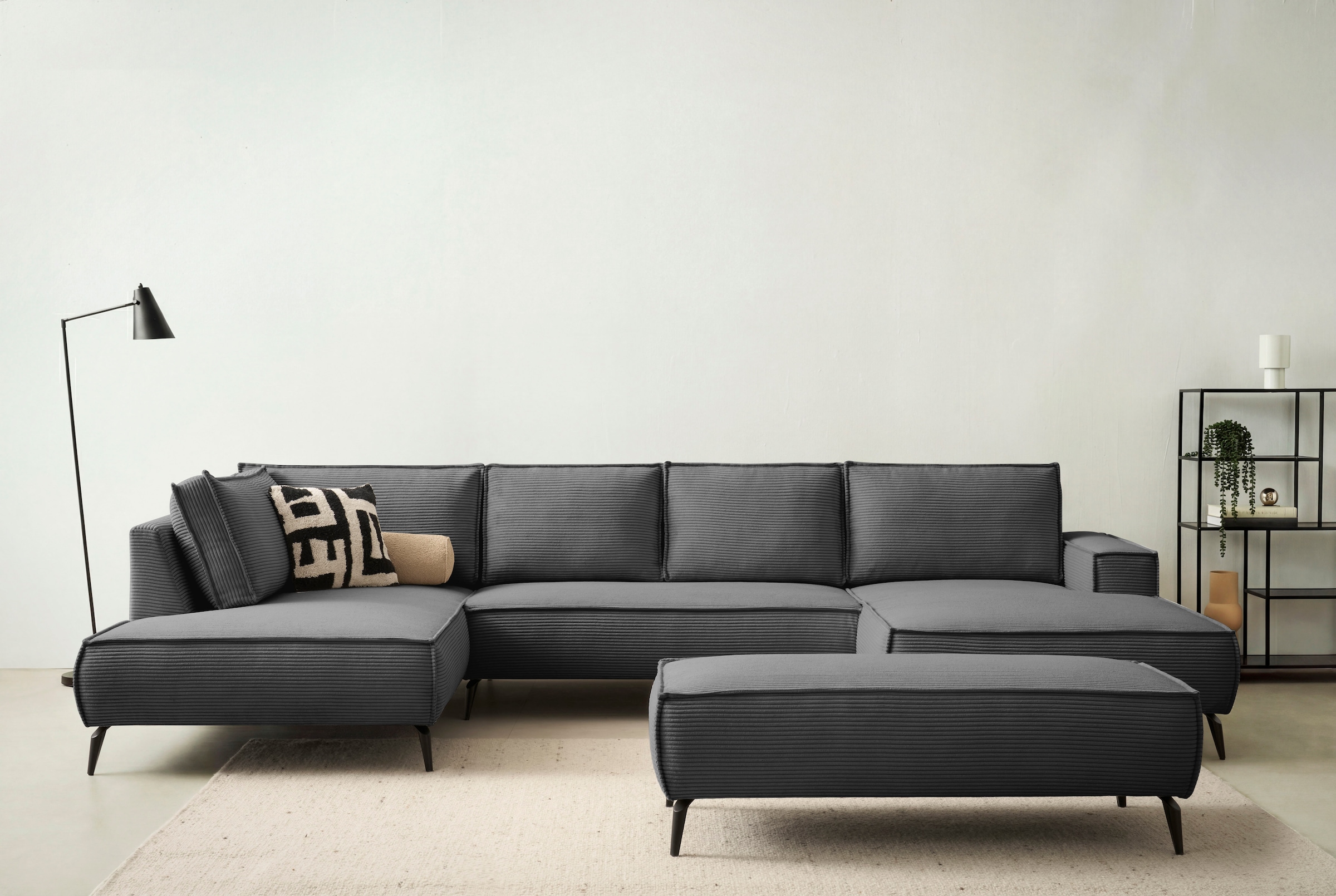 Home affaire Wohnlandschaft »mit Hocker, TVINNU, moderne U-Form in Cord oder Leinenoptik« Recamiere rechts/links, stellbar zum Schlafsofa (Krokodilverbinder)