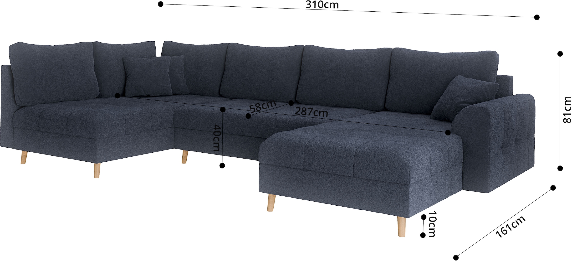 Home affaire Wohnlandschaft »CHARRE U-Form mit Ottomane, Masse B/T/H: 310/161/81 cm«, feine Steppung, lose Rücken- und Zierkissen, auch in Cord und Bouclé