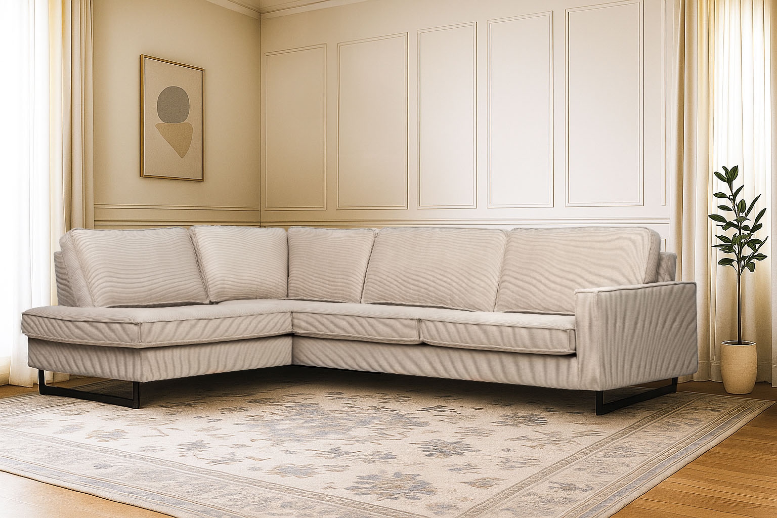PLACES OF STYLE Ecksofa »Pinto, 290 cm, Cord, Chenille, Lederoptik, Ottomane links / rechts« mit Keder, schwarze Metallfüsse, Wellenunterfederung
