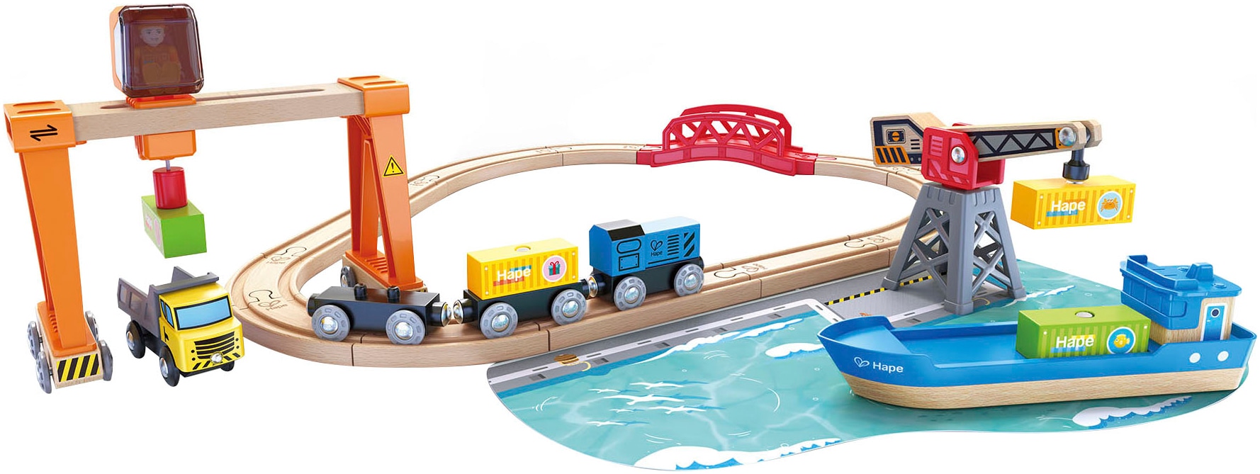 Image of Hape Spielzeug-Eisenbahn "Abladen und Aufladen im Hafen"