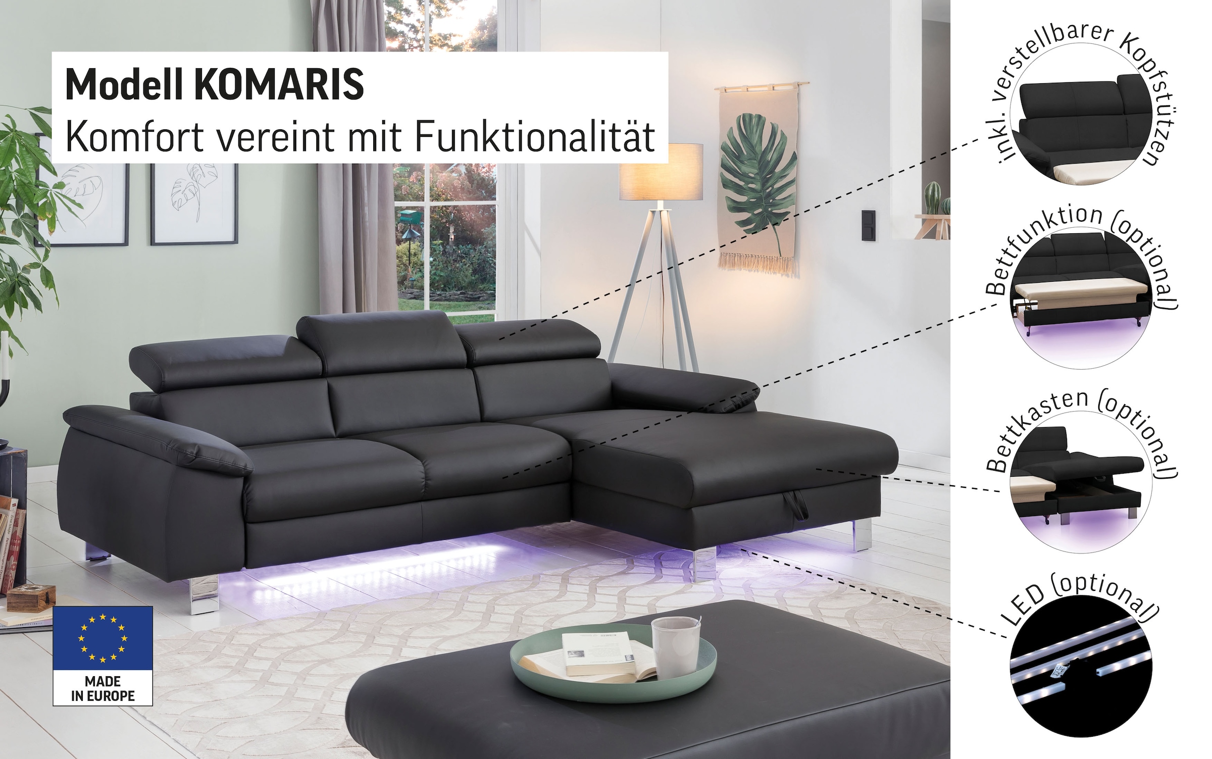 COTTA Canapé d'angle »Komaris L-Form, B: 244 cm« avec réglage de la tête, fonction couchage optionnelle, coffre-lit & lumière
