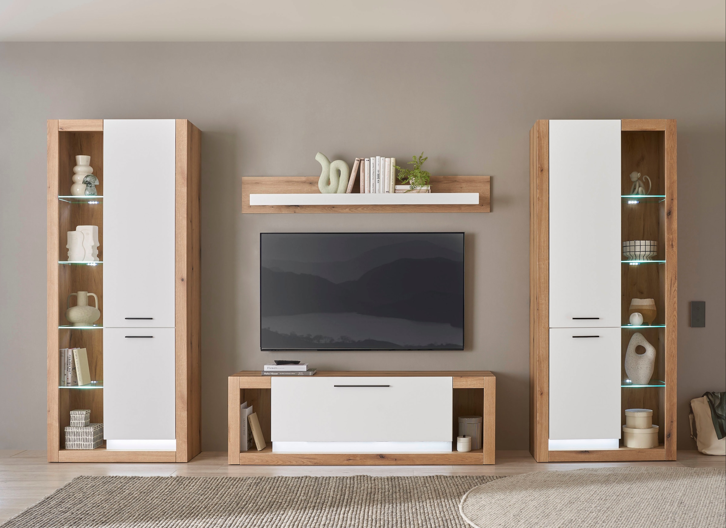 Image of Home affaire Wohnwand "Brixen, moderne Anbauwand, Wohnzimmer-Set, Eiche Evoke Dekor mit Weiss" Set, 4 Stk. tlg.