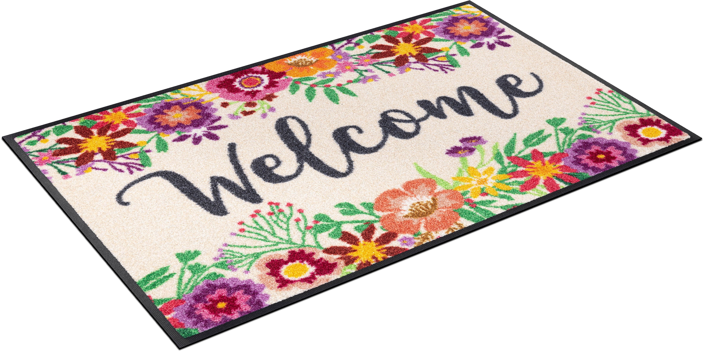 Image of wash+dry by Kleen-Tex Fussmatte "Welcome Blooming" rechteckig 7 mm Höhe Schmutzfangmatte, mit Spruch, rutschhemmend, waschbar